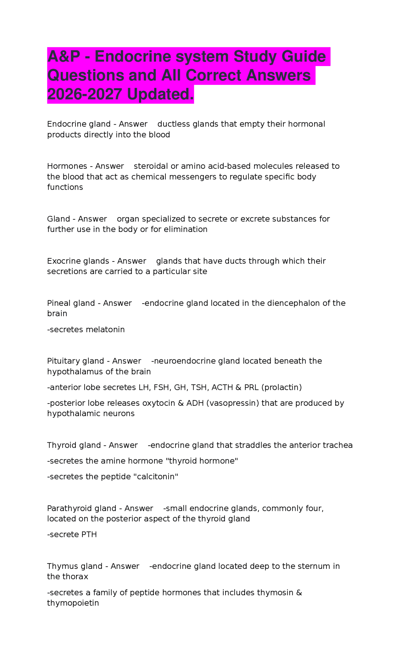 A&P - Endocrine system Study Guide Questions and All Correct Answers ...