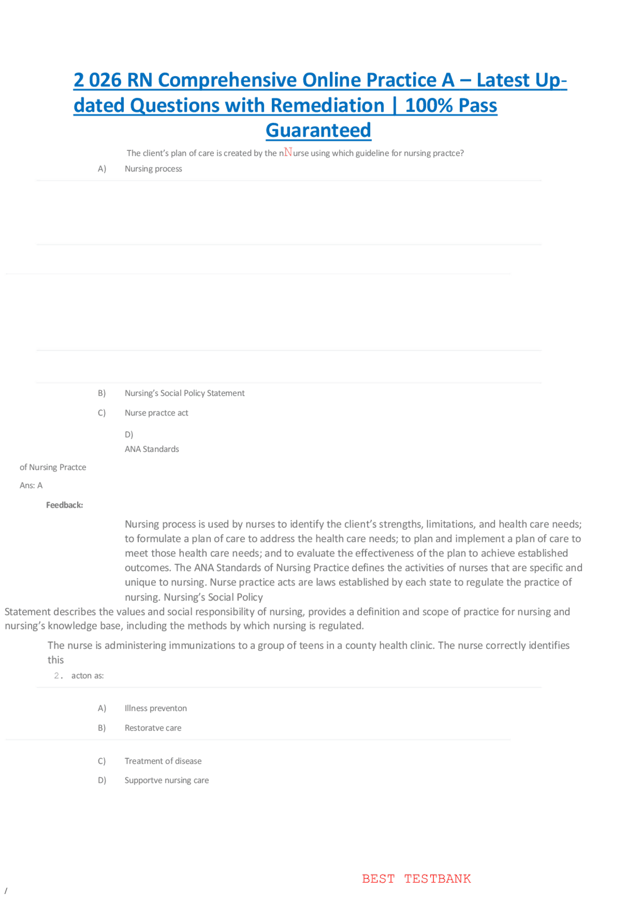 Rn Test Questions 2 026 RN Comprehensive Online Practice A – Latest Up dated Questions ...