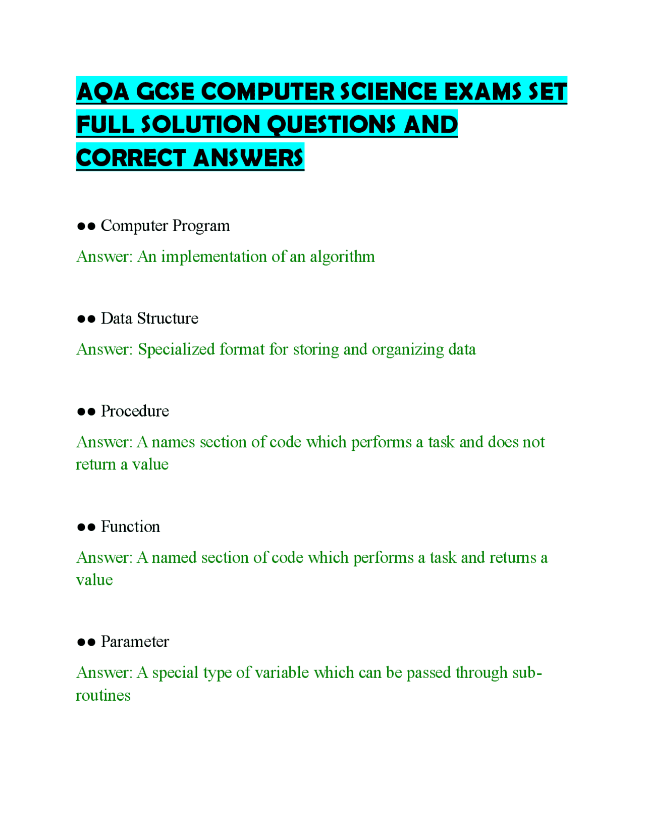 AQA GCSE COMPUTER SCIENCE EXAMS SET FULL SOLUTION QUESTIONS AND CORRECT ...