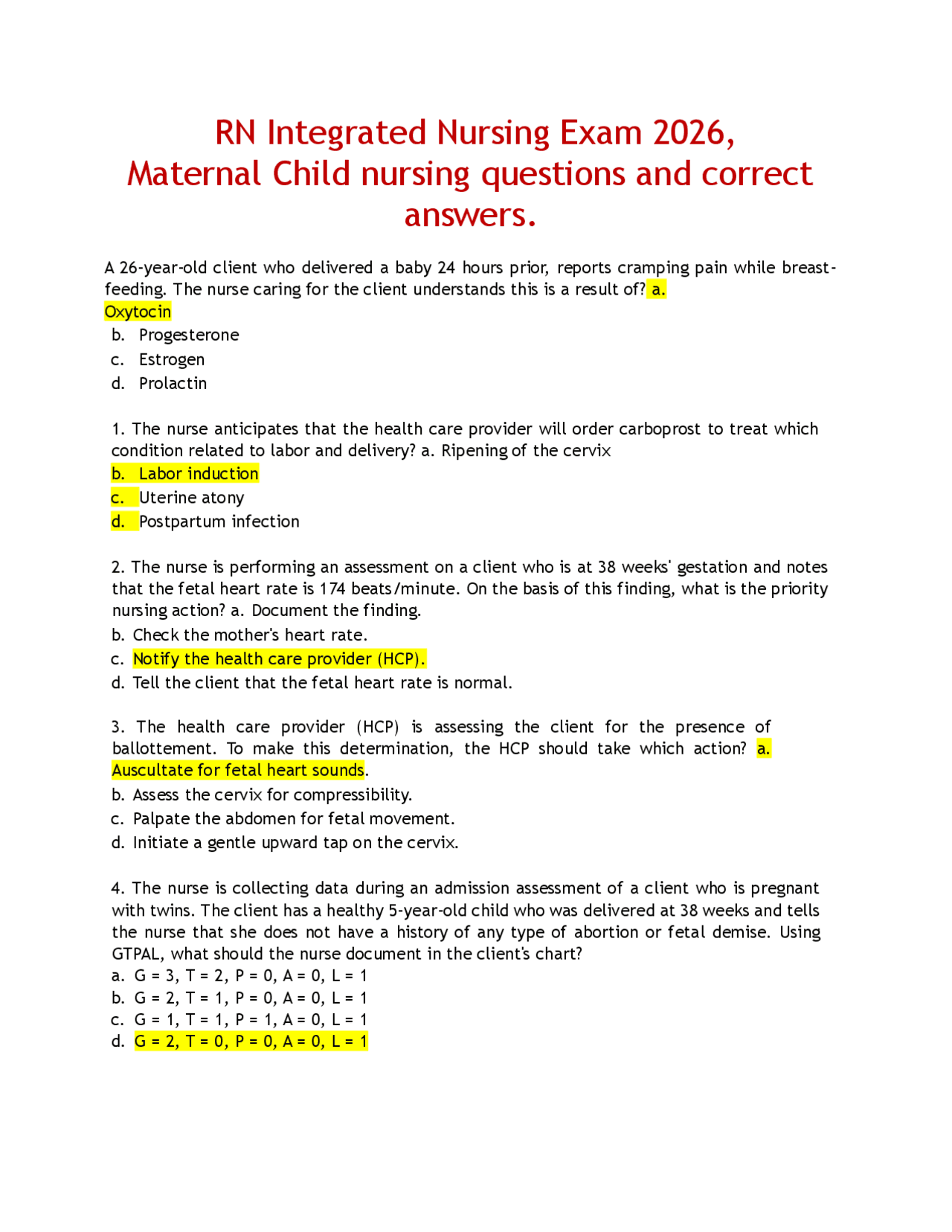 Rn Test Questions RN Integrated Nursing Exam 2026, Maternal Child nursing questions and ...