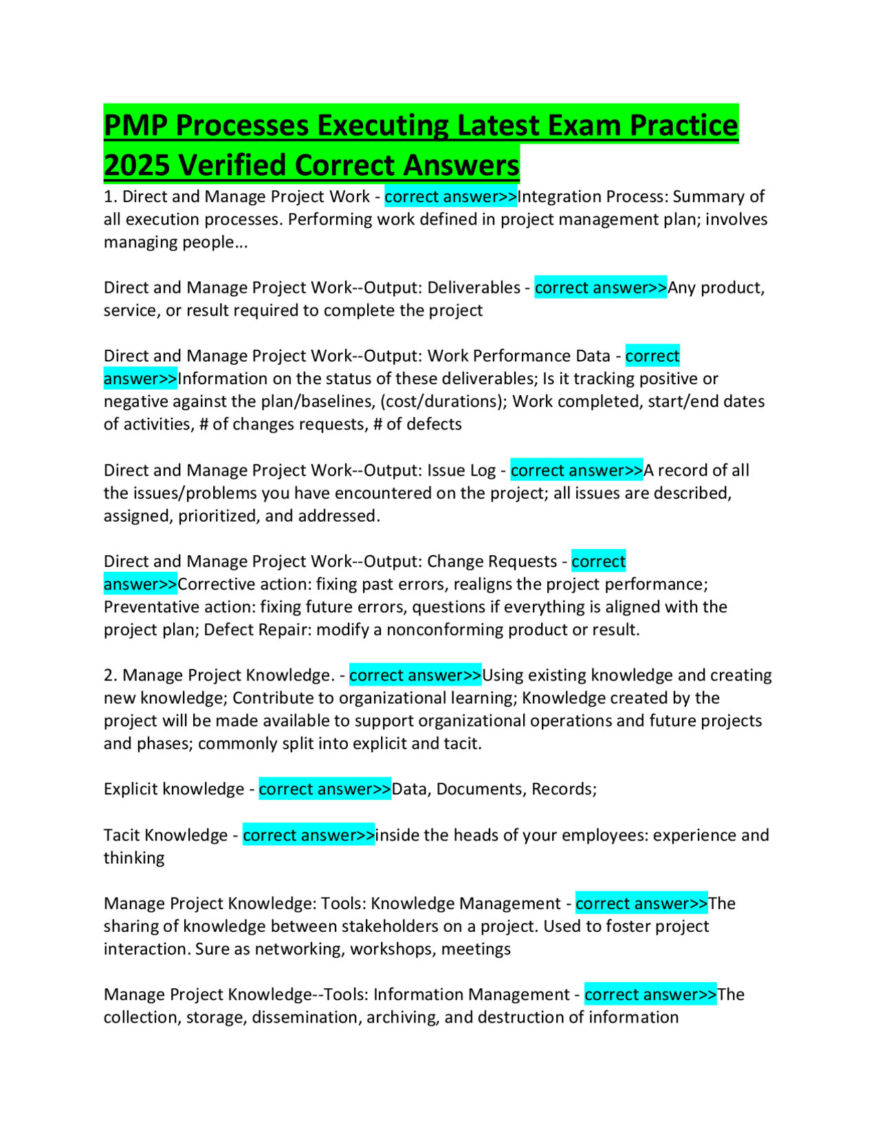 PMP Processes Executing Latest Exam Practice 2025 Verified Correct ...
