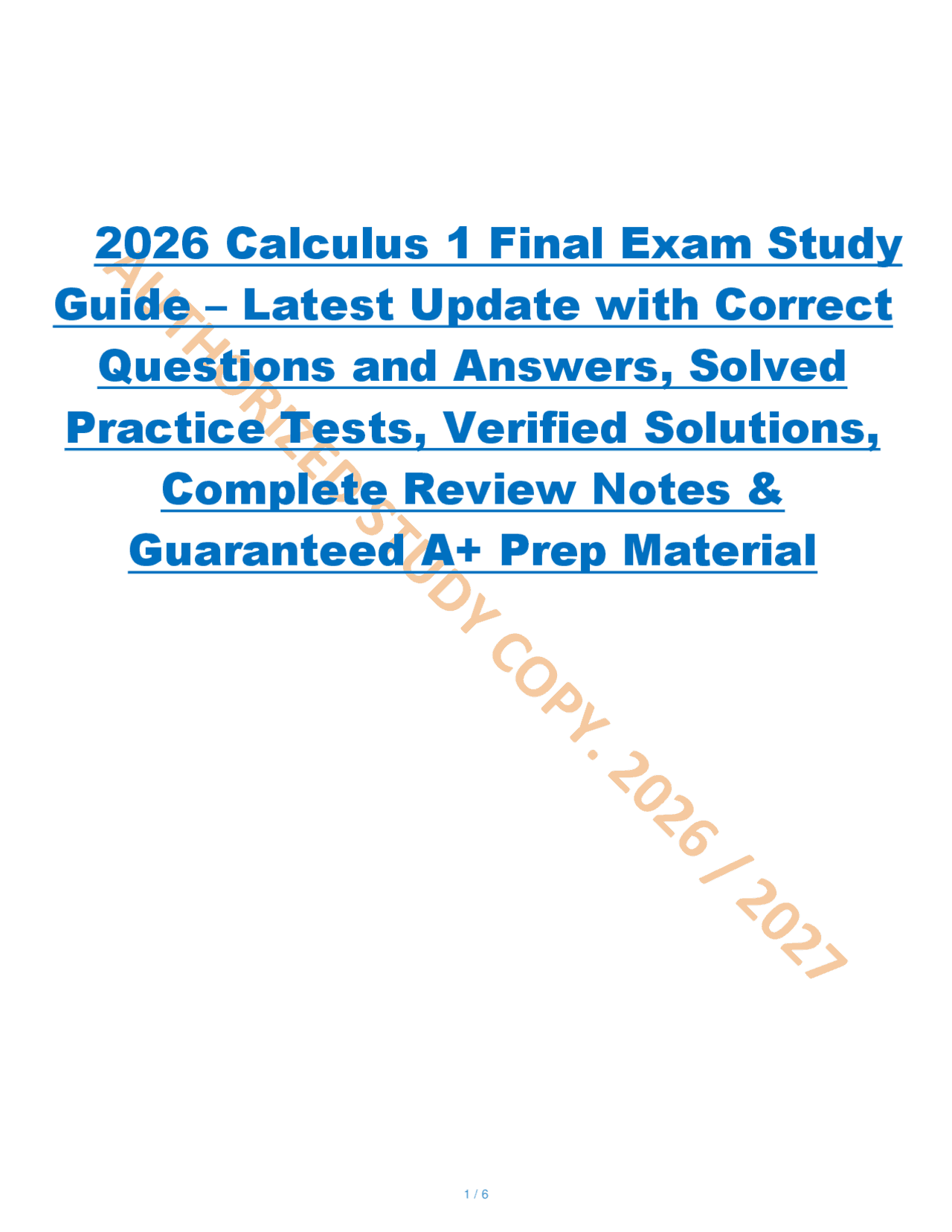 2 026 Calculus 1 Final Exam Study Guide – Latest Update with Correct ...