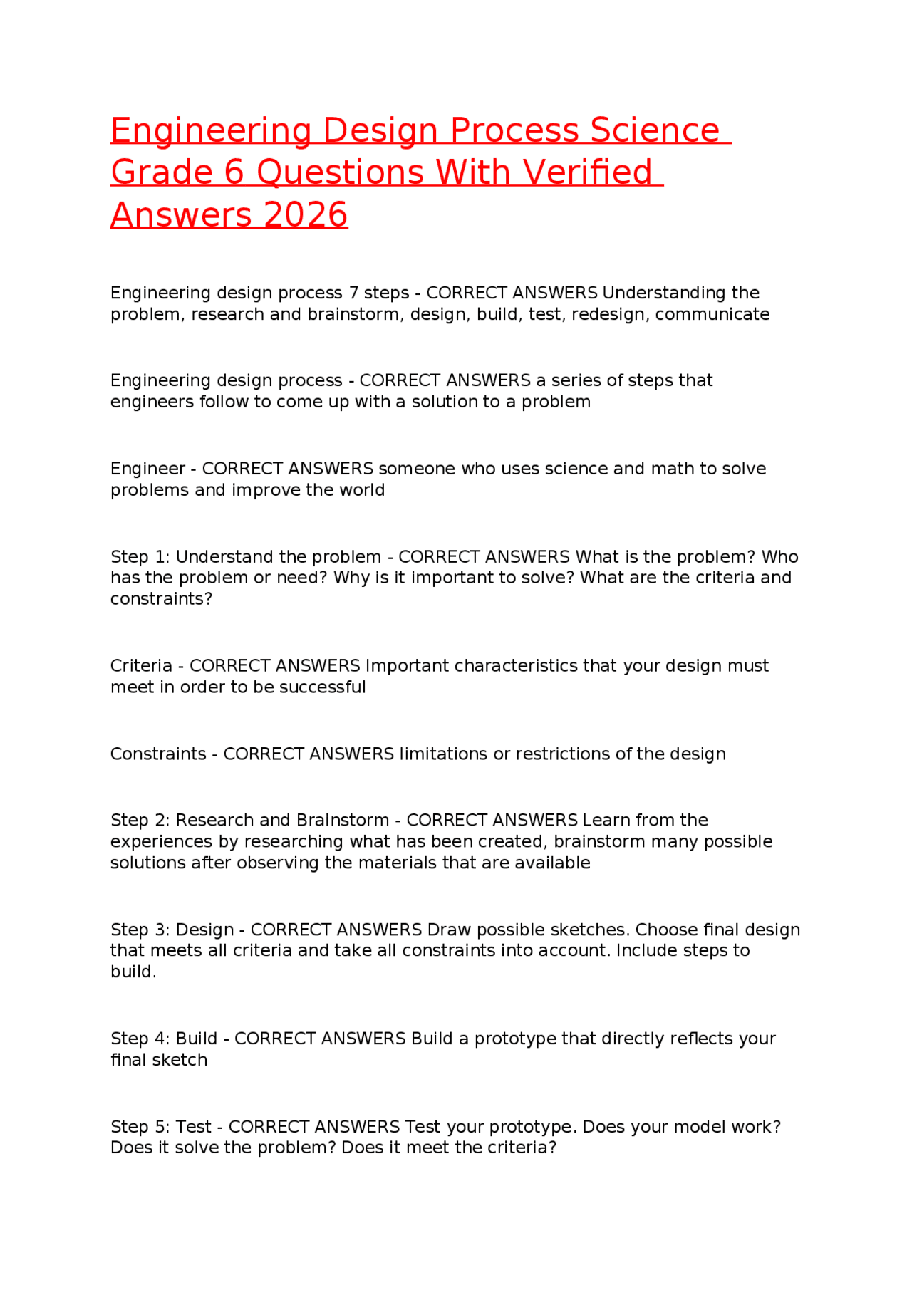 Engineering Design Process Science Grade 6 Questions With Verified ...