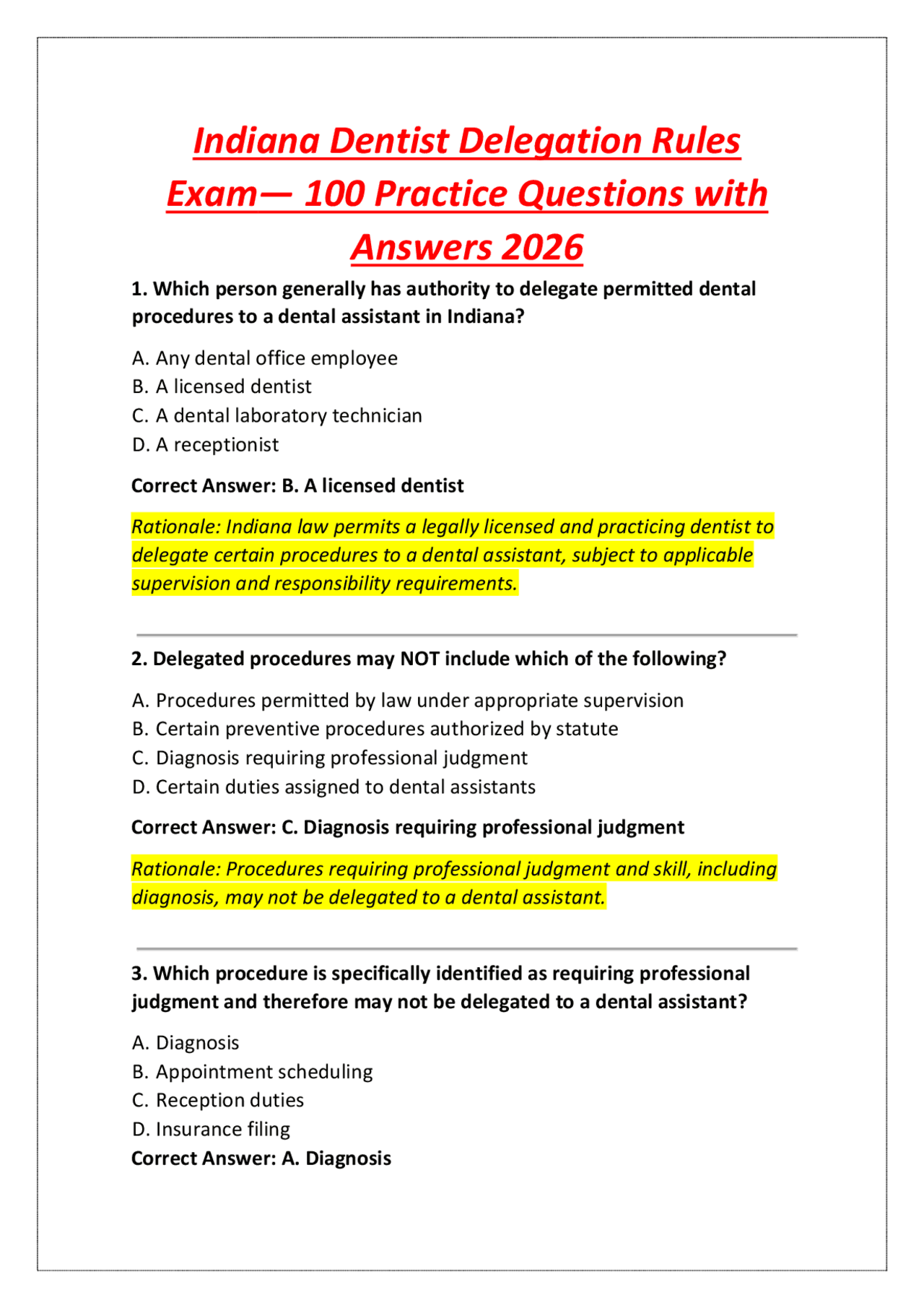 Practicing Rules Indiana Dentist Delegation Rules Exam— 100 Practice Questions with ...