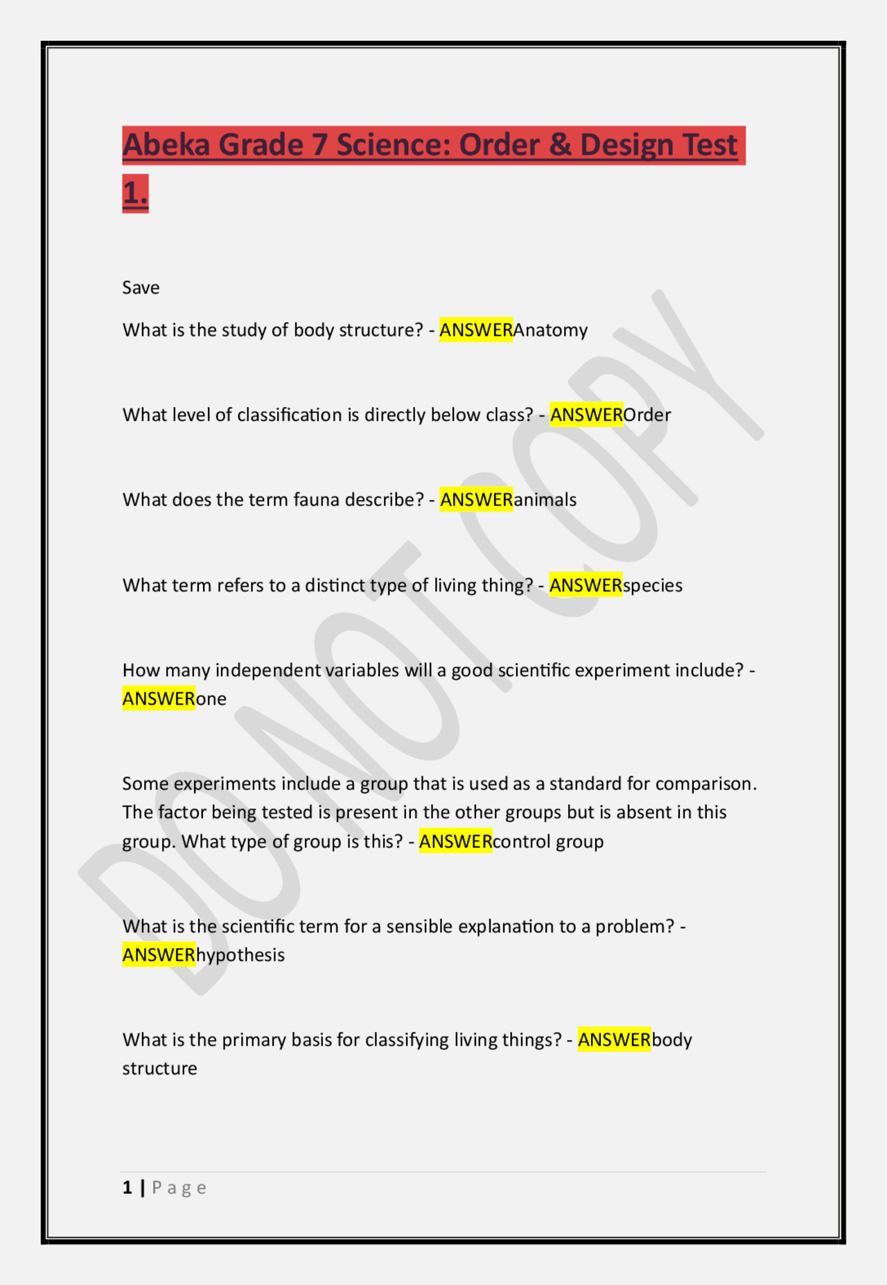 Abeka Grade 7 Science: Order & Design Test 1. | Exams Advanced ...