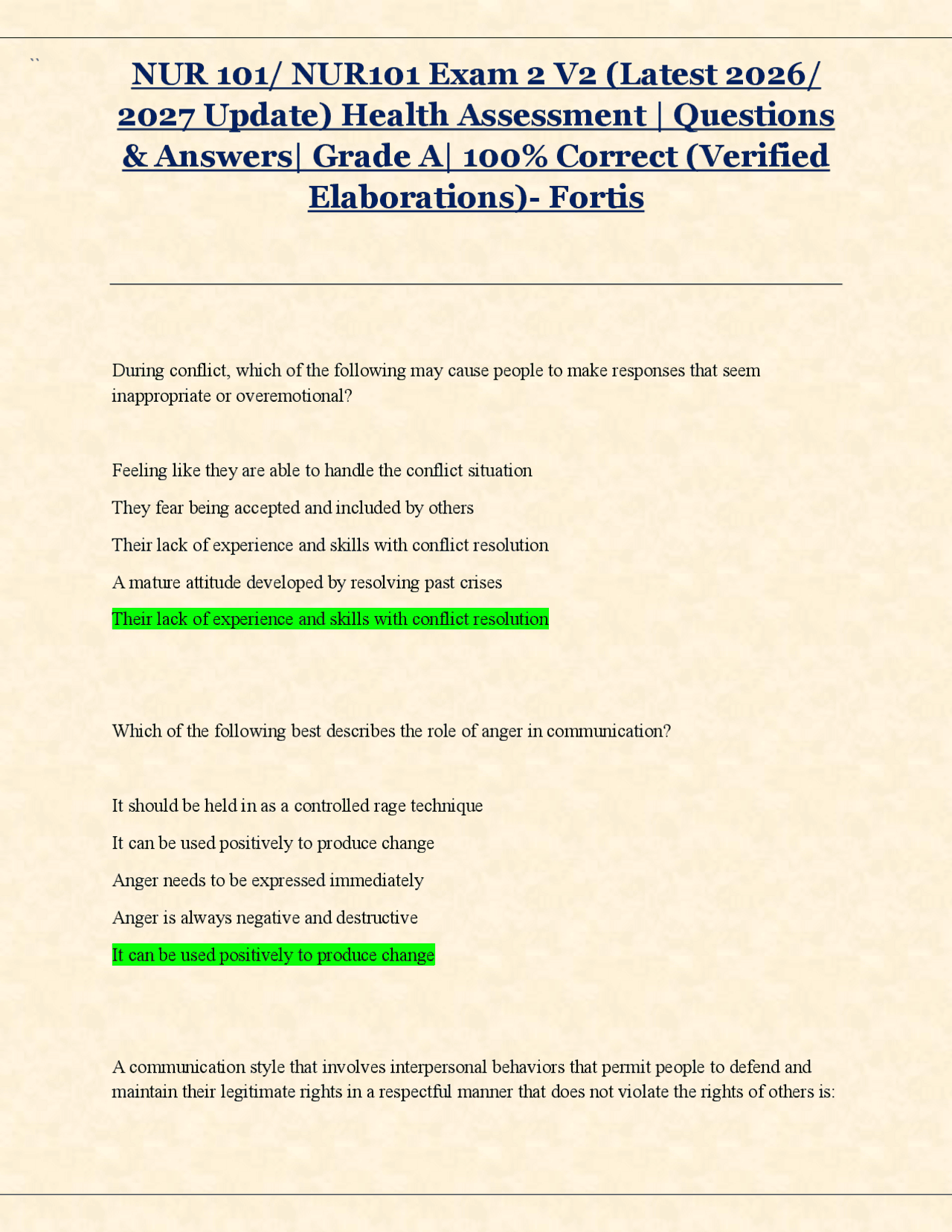 Rn Test Questions NUR 101/ NUR101 Exam 2 V2 (Latest 2026/ 2027 Update) Health Assessment ...