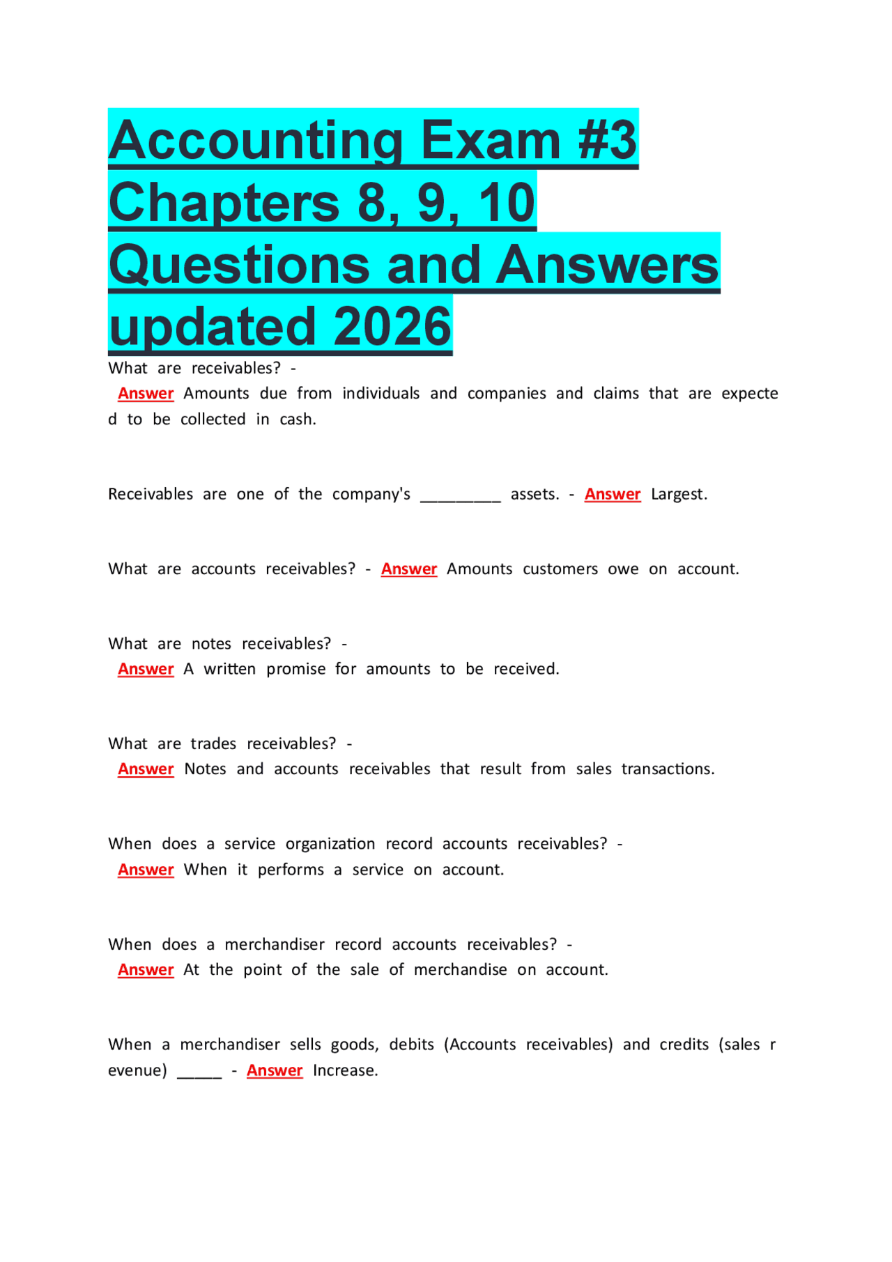 Financial Reporting Questions Accounting Exam #3 Chapters 8, 9, 10 Questions and Answers updated 2026 ...