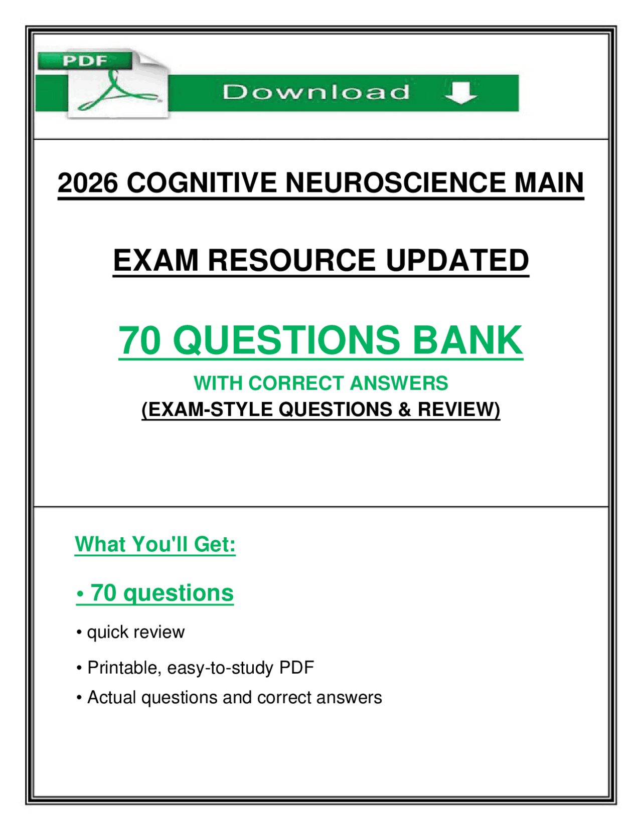 2026 COGNITIVE NEUROSCIENCE MAIN EXAM RESOURCE UPDATED 70 QUESTIONS ...