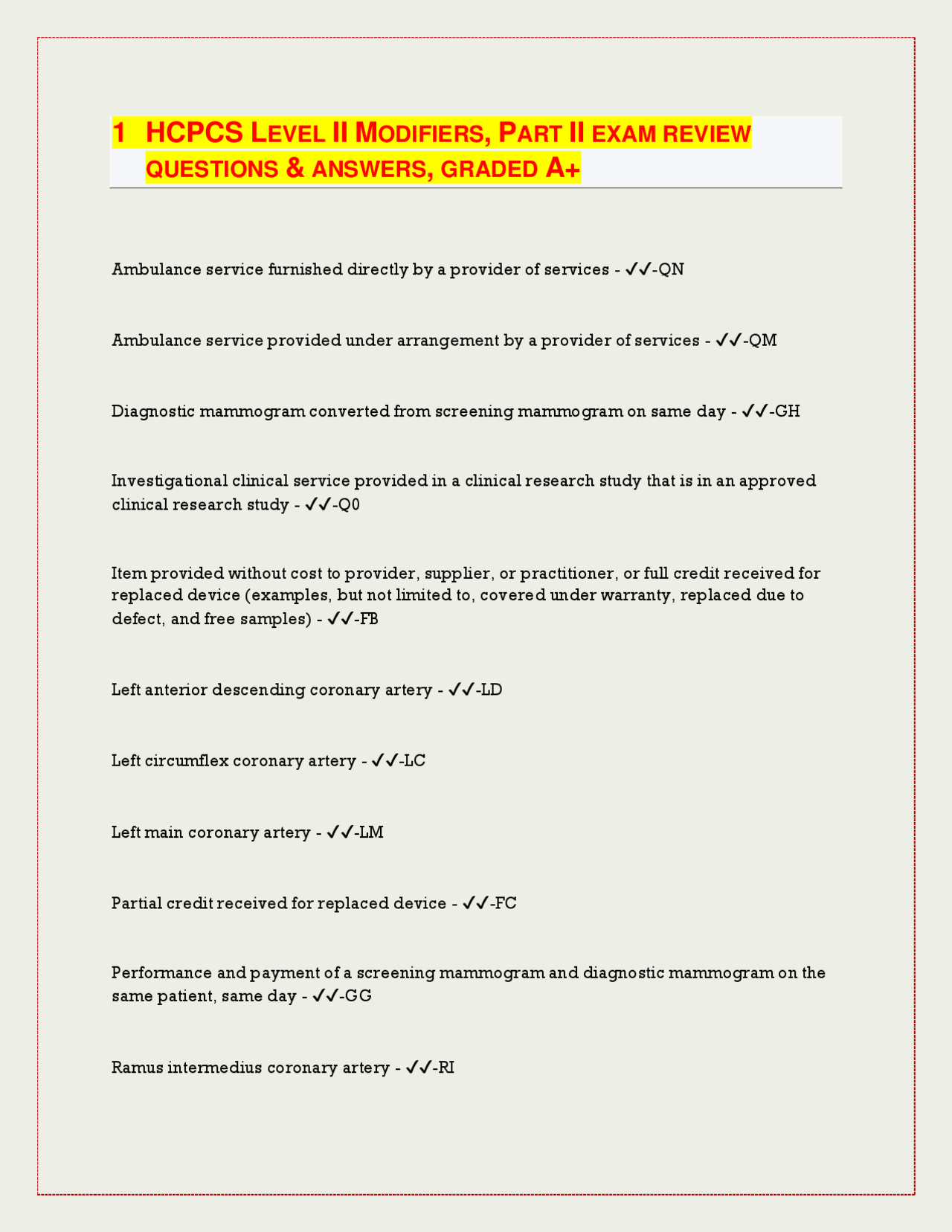 1 HCPCS LEVEL II MODIFIERS, PART II EXAM REVIEW QUESTIONS & ANSWERS ...