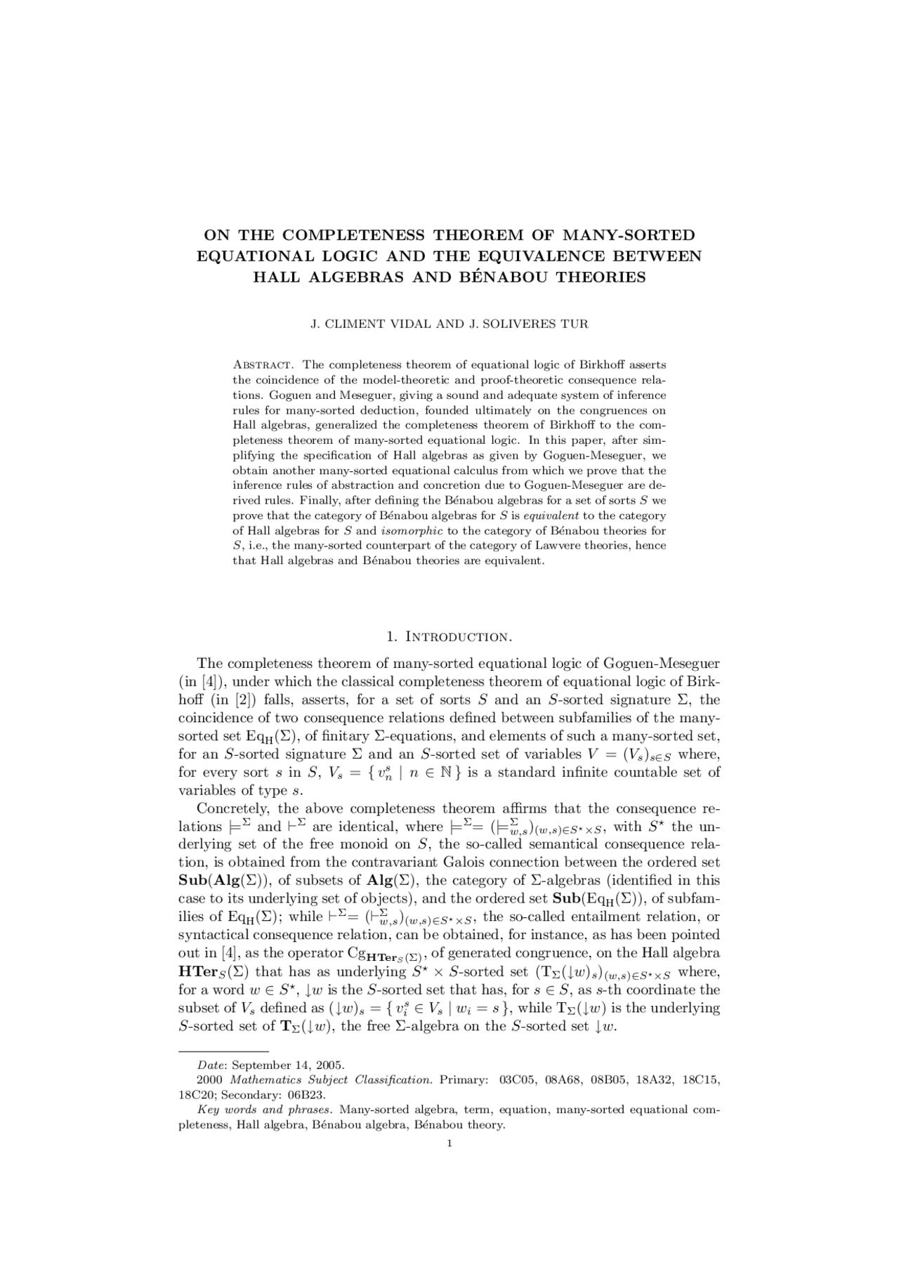 Articulo On the completeness of many-sorted equational logic and the ...