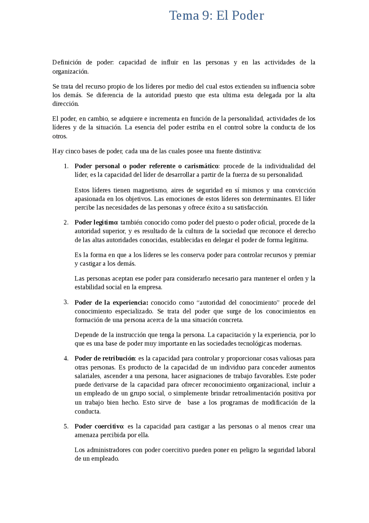 El Poder en el Contexto de la Dirección: Tipos, Fuentes y Reacciones ...