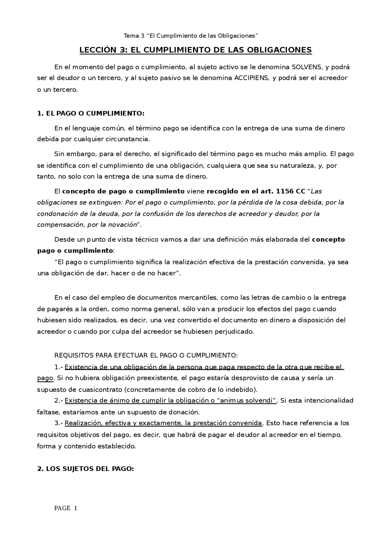 LECCIÓN 3: EL CUMPLIMIENTO DE LAS OBLIGACIONES En el momento del pago o ...