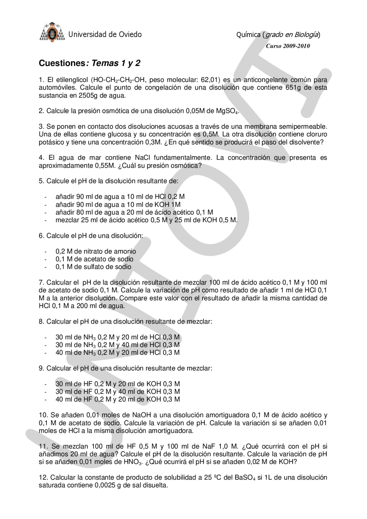 Acetato De Sodio Solubilidad En Agua Cuestiones "El agua" y "Equilibrios" (Tema 1y2) - Apuntes de Química -  Docsity