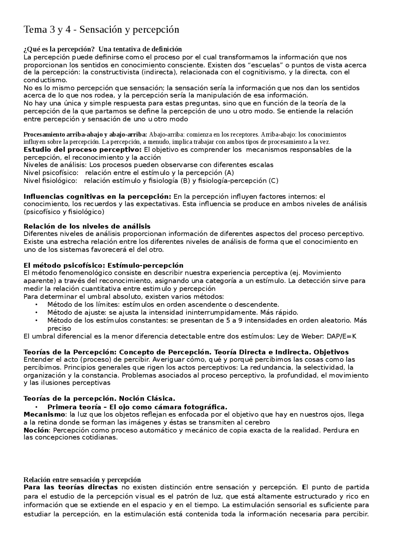 Tema 3 y 4 - Sensación y percepción ¿Qué es la percepción? Una te ...