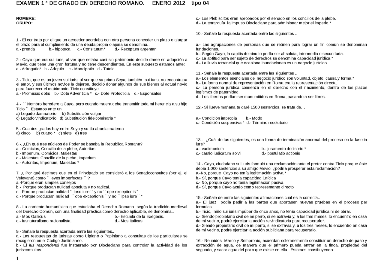 Derecho Romano 01 2012 - Exámenes de Derecho Romano - Docsity