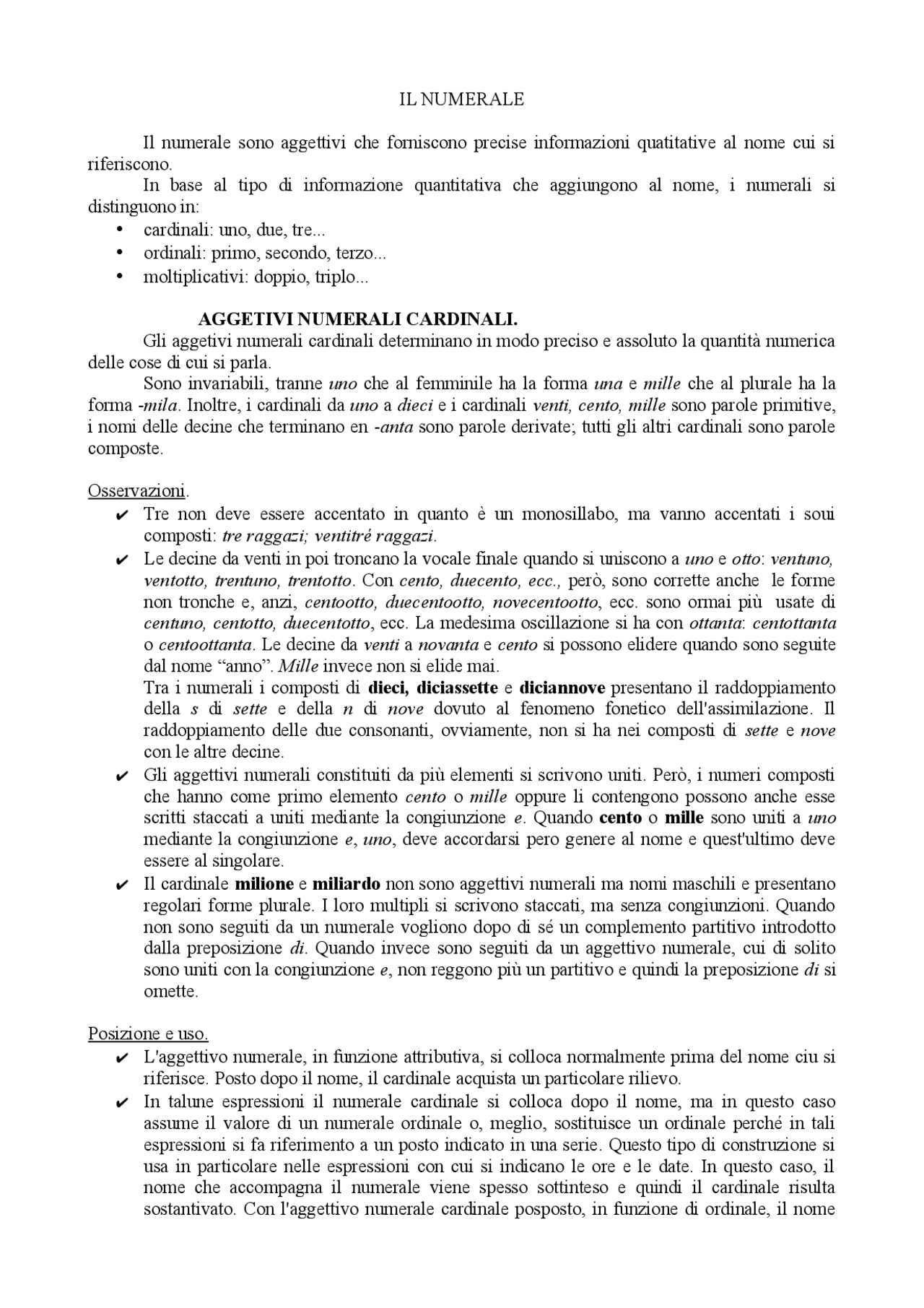 Il numerale - Apuntes de Filología Italiana | Docsity