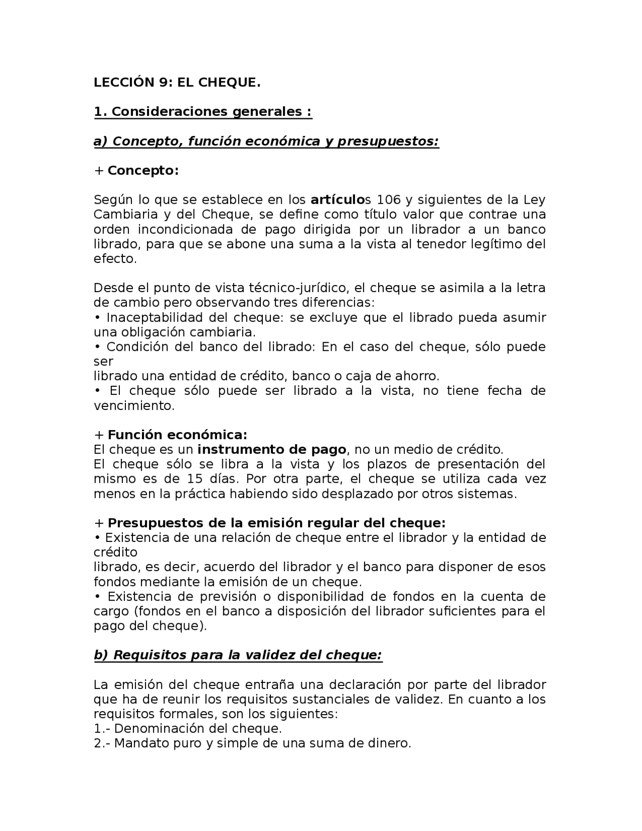 El cheque derecho mercantil - Apuntes de Derecho Mercantil - Docsity
