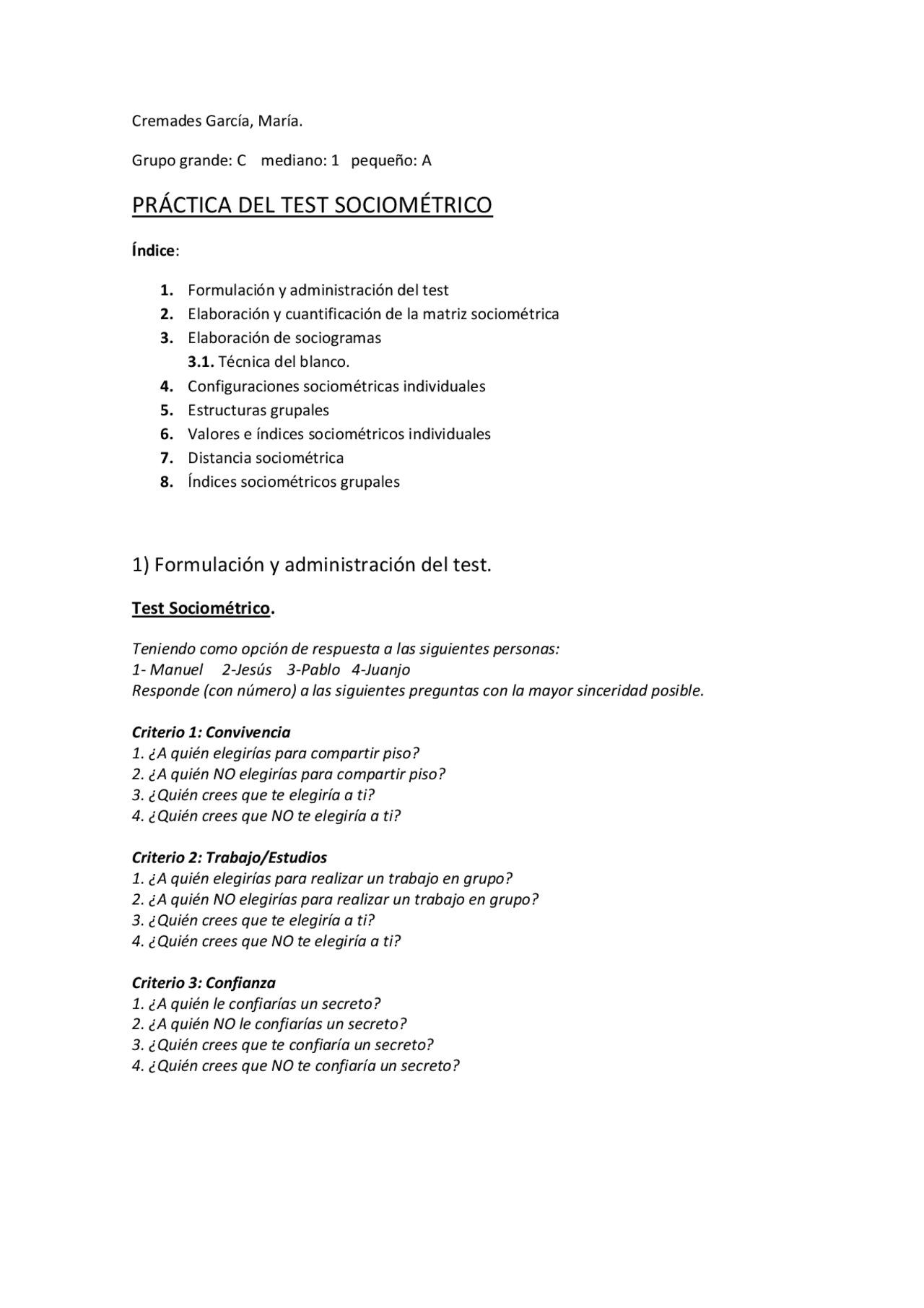 Test sociométrico - Exámenes de Psicología Social - Docsity