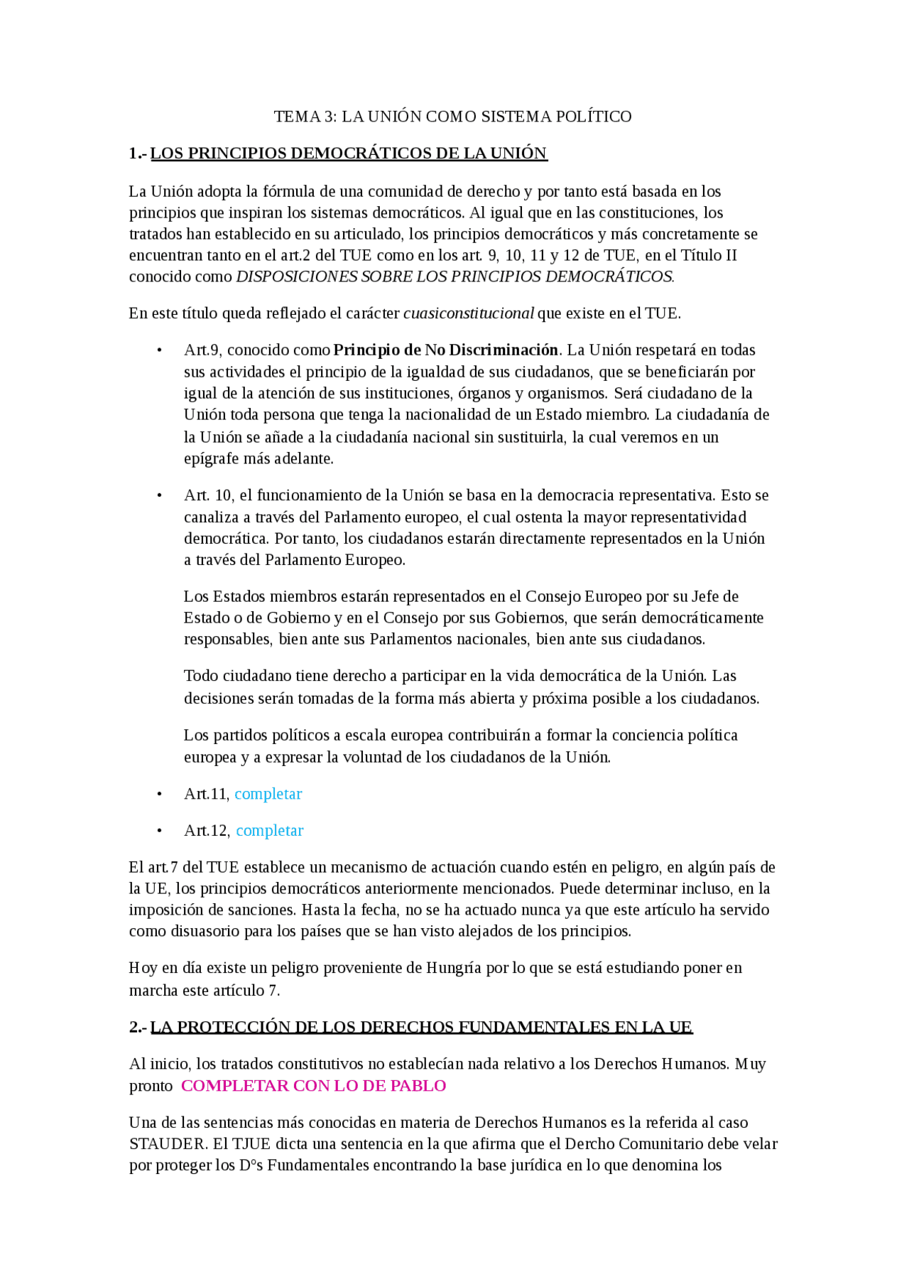 Derecho de la UE - Apuntes de Derecho de la Unión Europea - Docsity