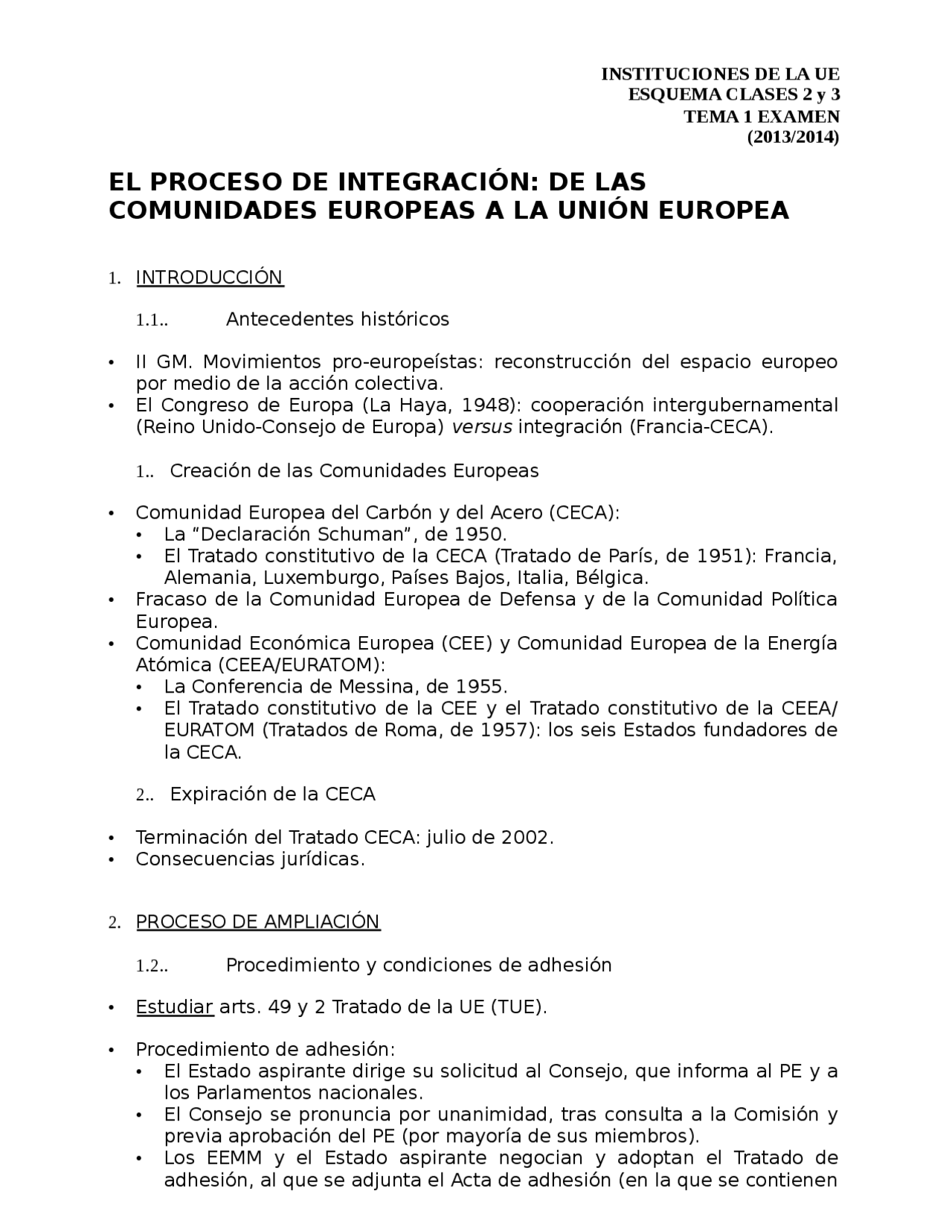 Instituciones de la UE - Apuntes de Derecho de la Unión Europea - Docsity