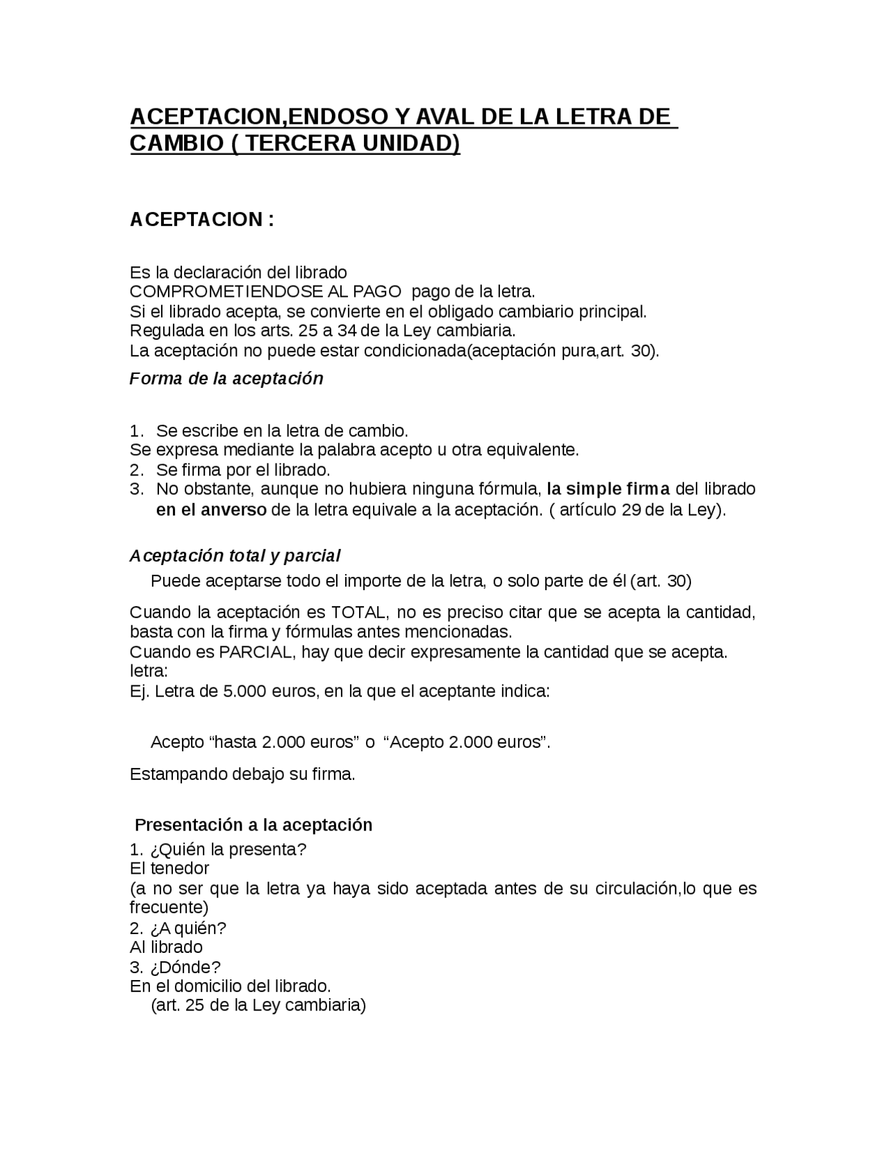 Como Se Escribe 73 En Letras ACEPTACION,ENDOSO Y AVAL DE LA LETRA DE CAMBIO - Apuntes de Derecho  Mercantil - Docsity