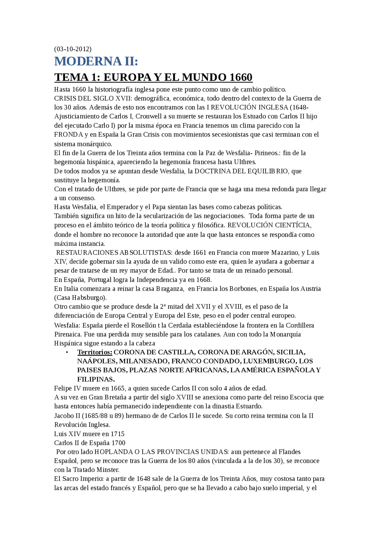 Historia Moderna II de europa - Apuntes de Historia Moderna - Docsity