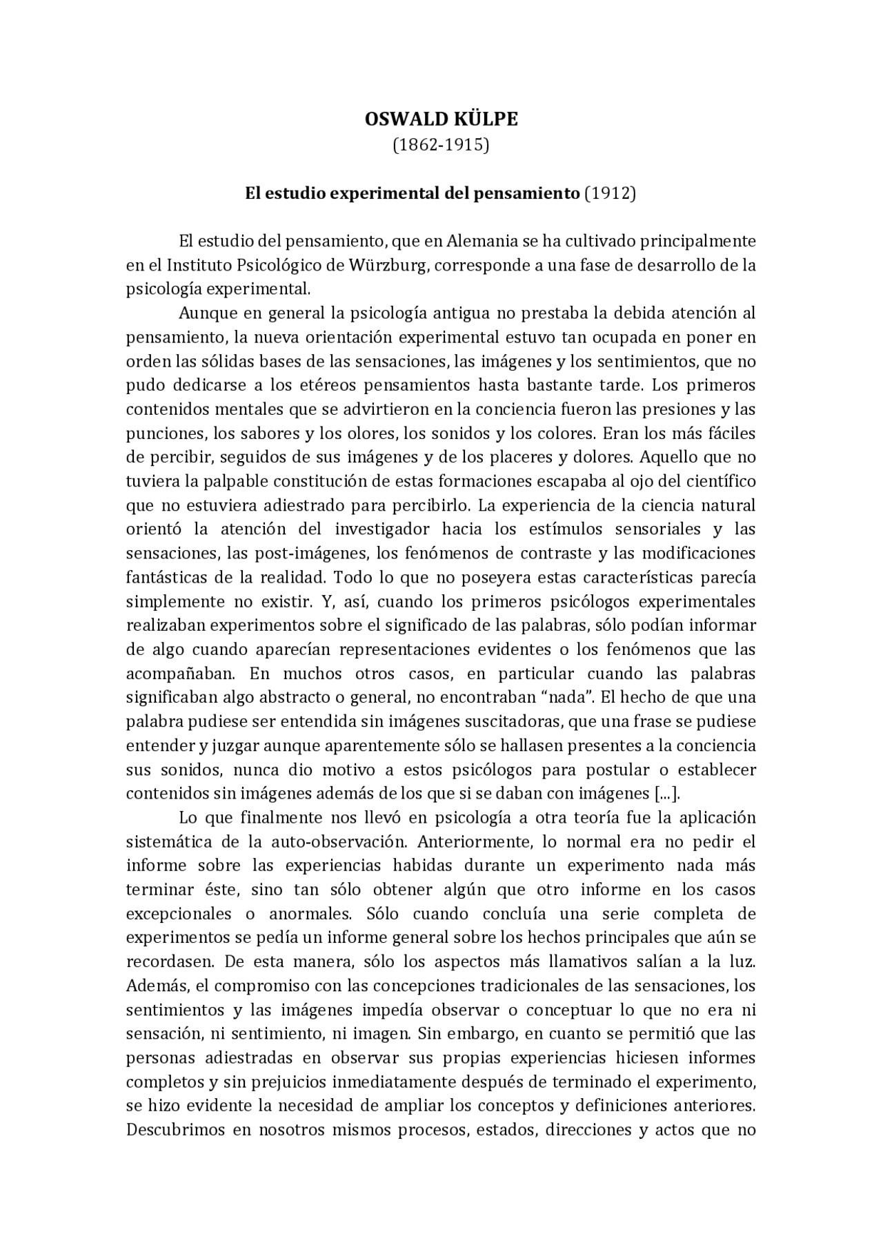 OSWALD KÜLPE (1862-­‐1915) - Apuntes de Psicología | Docsity
