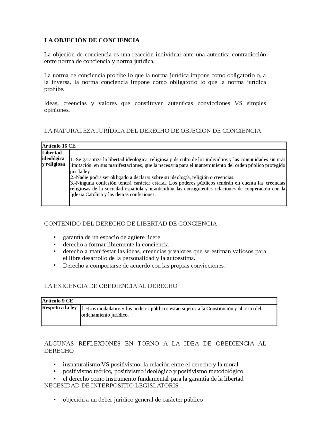 La objeción de conciencia - Apuntes de Derecho Constitucional - Docsity