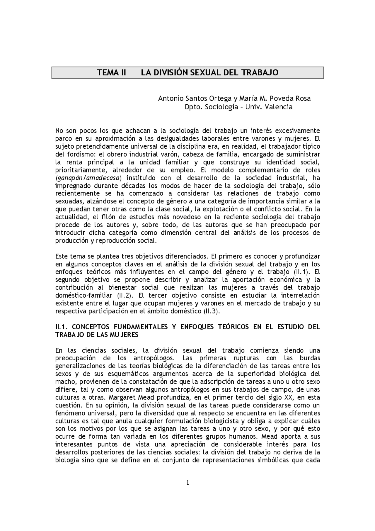 TEMA II LA DIVISIÓN SEXUAL DEL TRABAJO Antonio Santos Ortega y María M. Poveda Apuntes de