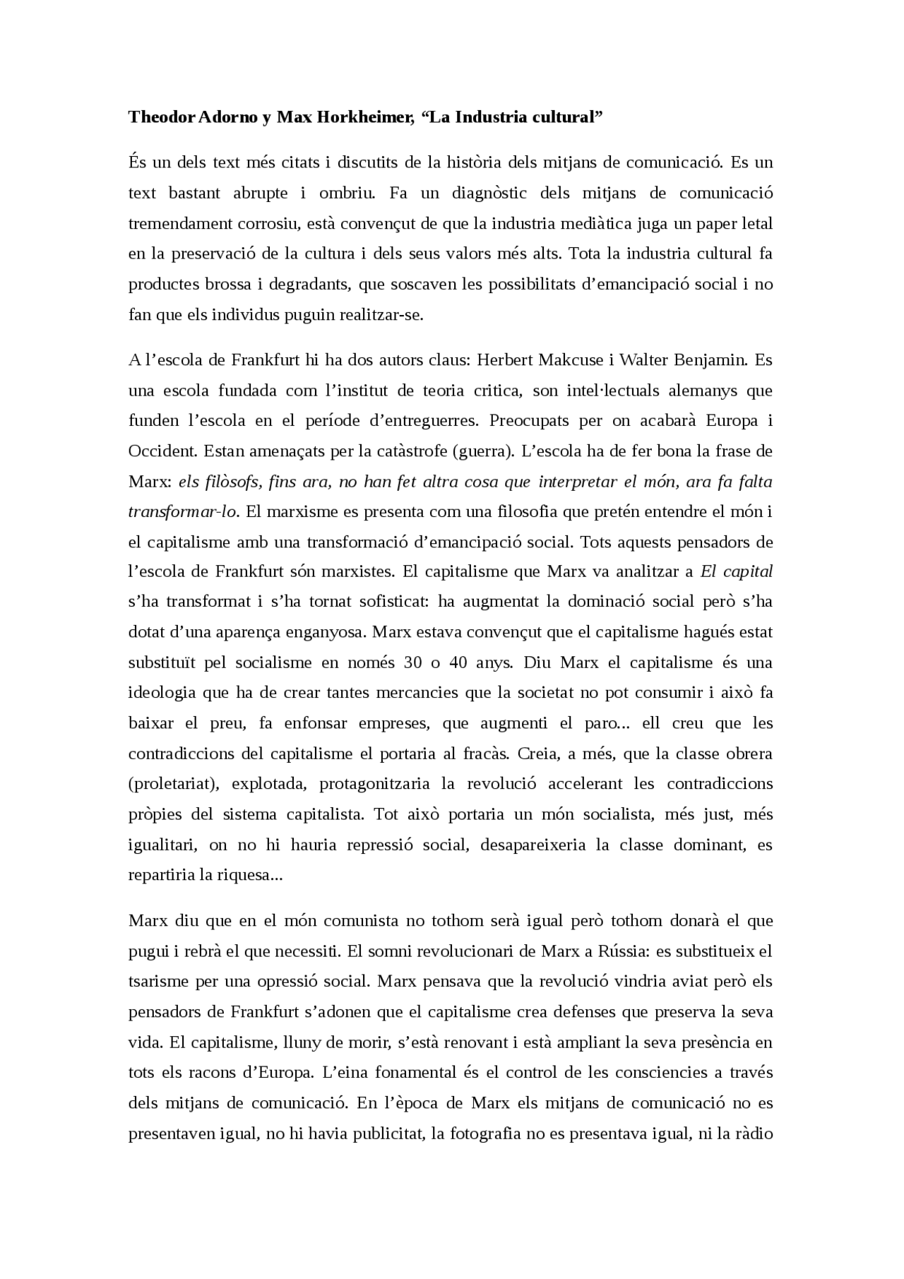 Theodor Adorno y Max Horkheimer, La Industria cultural - Apuntes de ...