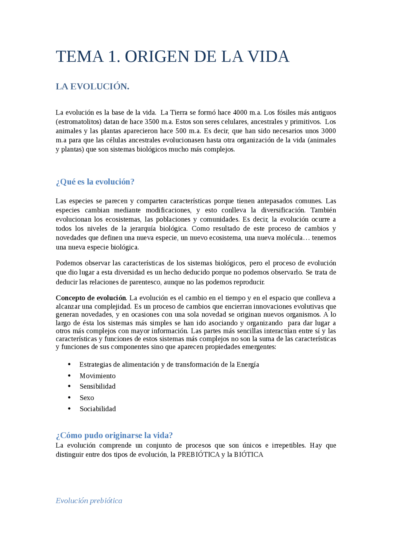 Origen de la vida - Apuntes de Biología - Docsity