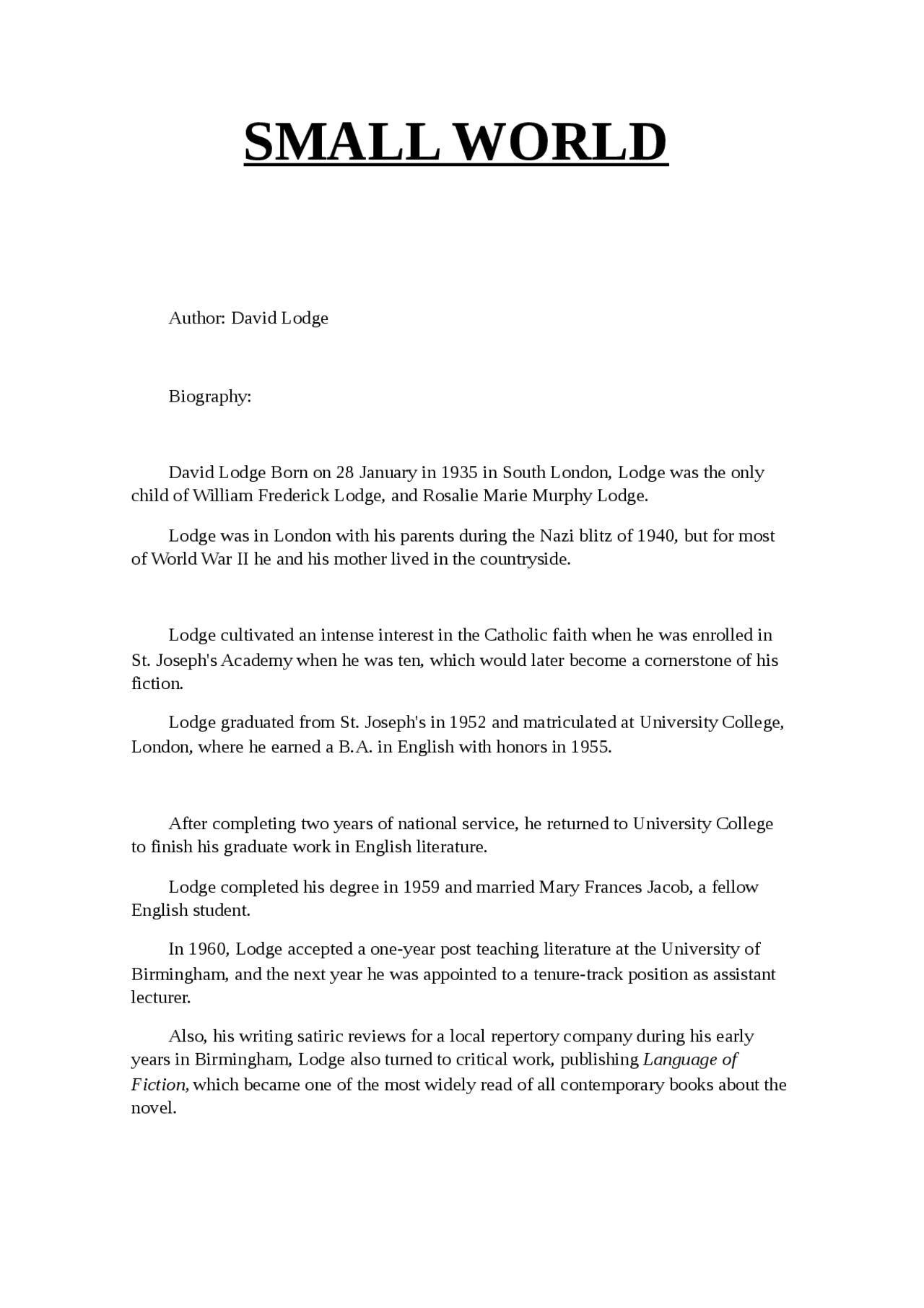 Small World Notes Small world ficha - Apuntes de Idioma Inglés - Docsity