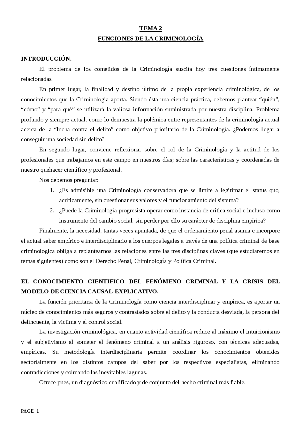 Introducción a la Criminología - Tema 2 - Apuntes de Criminología - Docsity