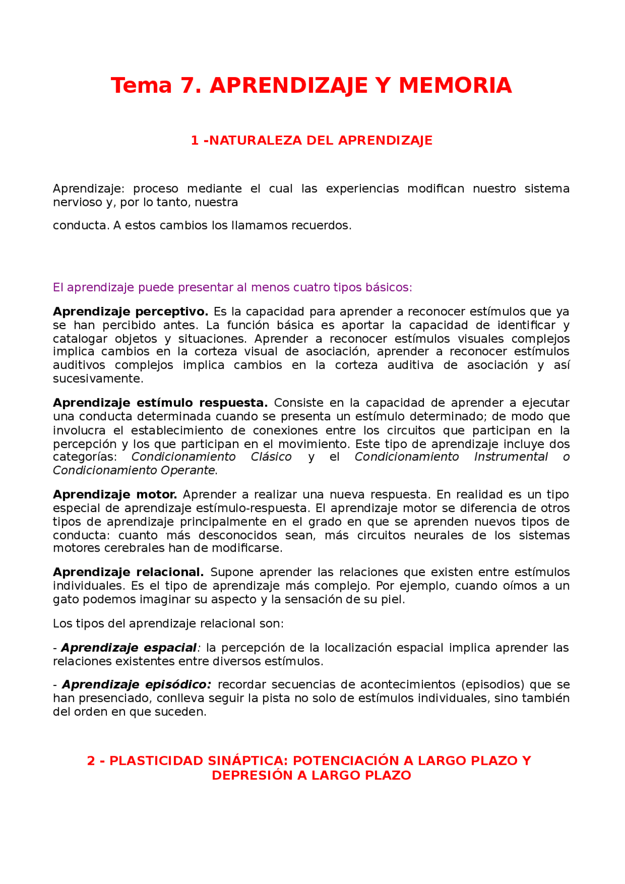 Tema 7. APRENDIZAJE Y MEMORIA 1 -NATURALEZA DEL APRENDIZAJE 2 - PLA ...
