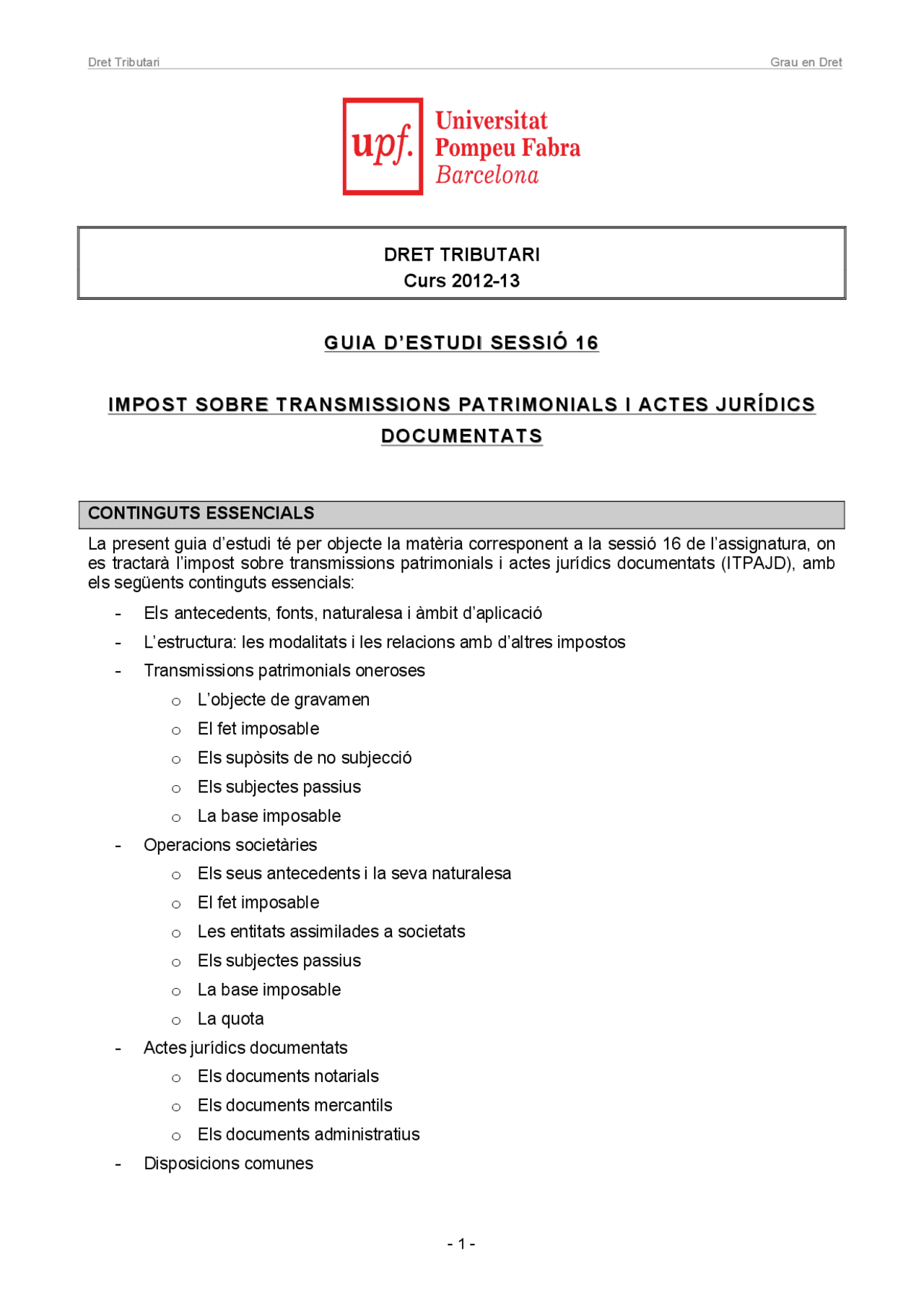 Impost Transmissions Patrimonials Apuntes de Derecho Financiero y