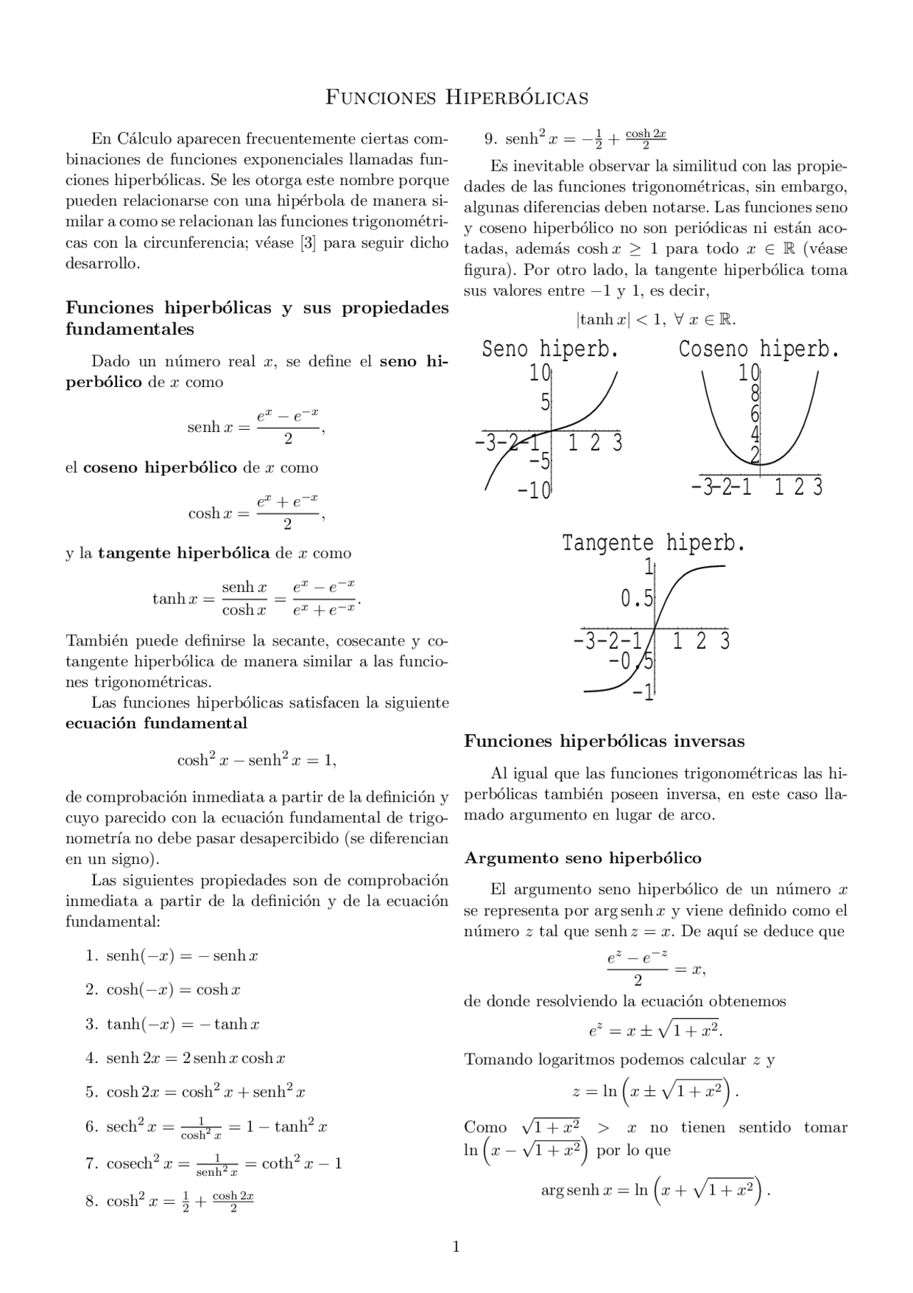 Funciones hiperbolicas - Apuntes de Matemáticas | Docsity