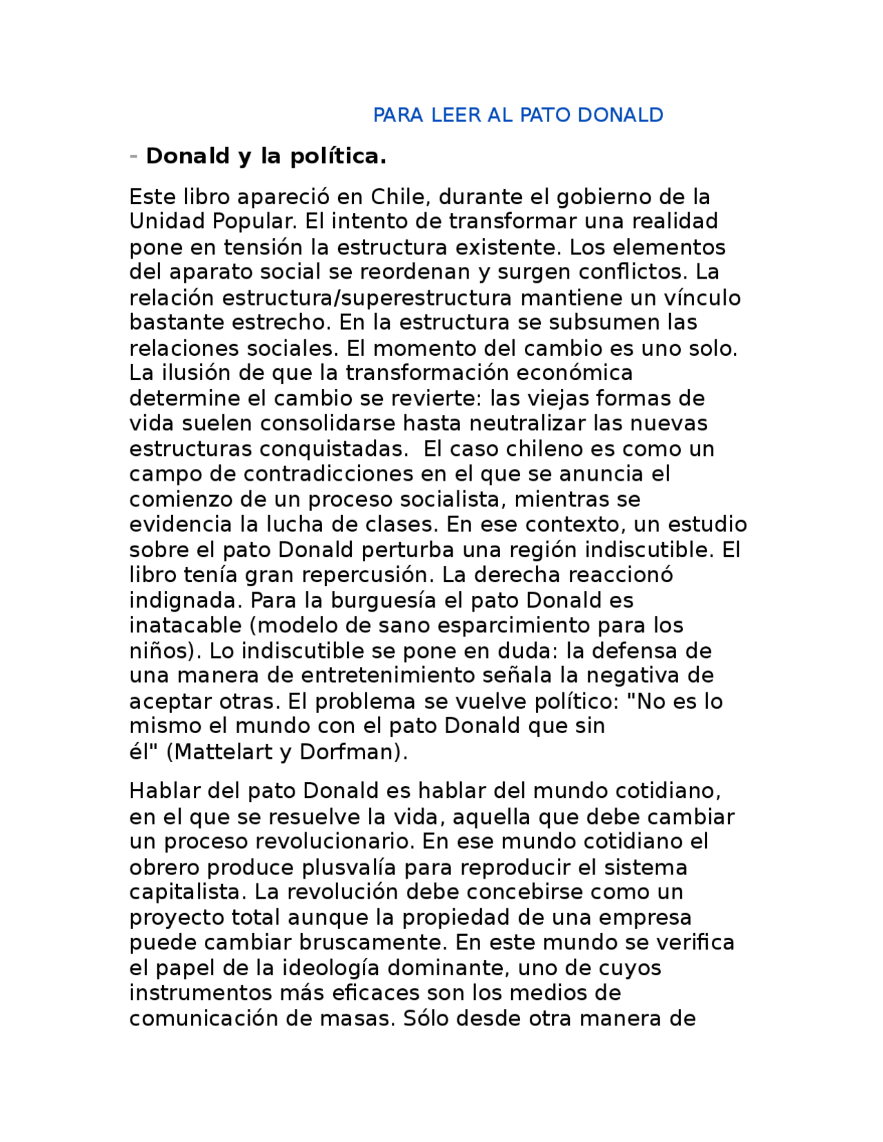 Resumen Detallado De Como Leer Al Pato Donals Resumenes De Periodismo Docsity