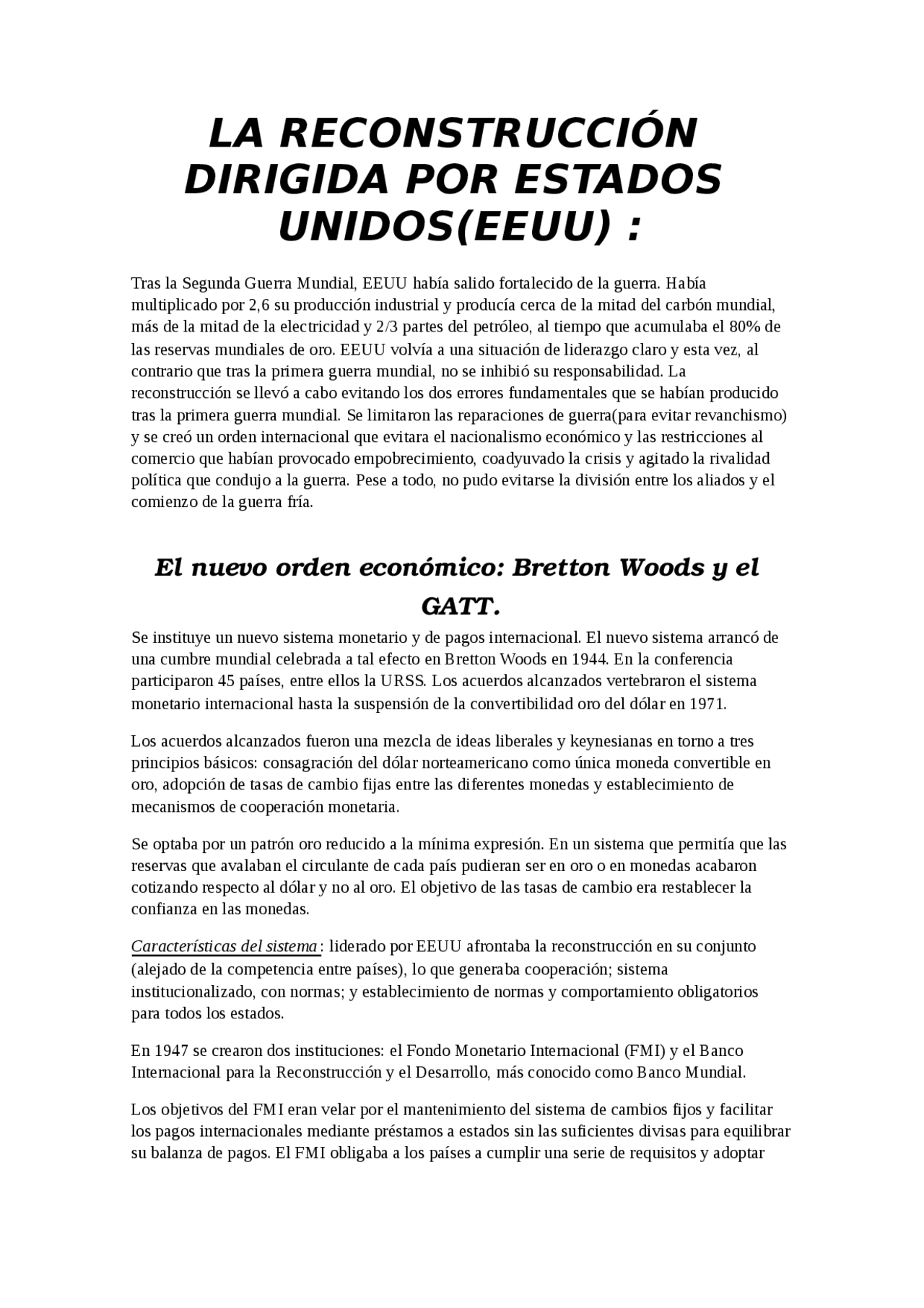 Plan Marshall Y Bretton Woods Reconstruccion Dirigida Por Eeuu Apuntes De Historia Economica Docsity