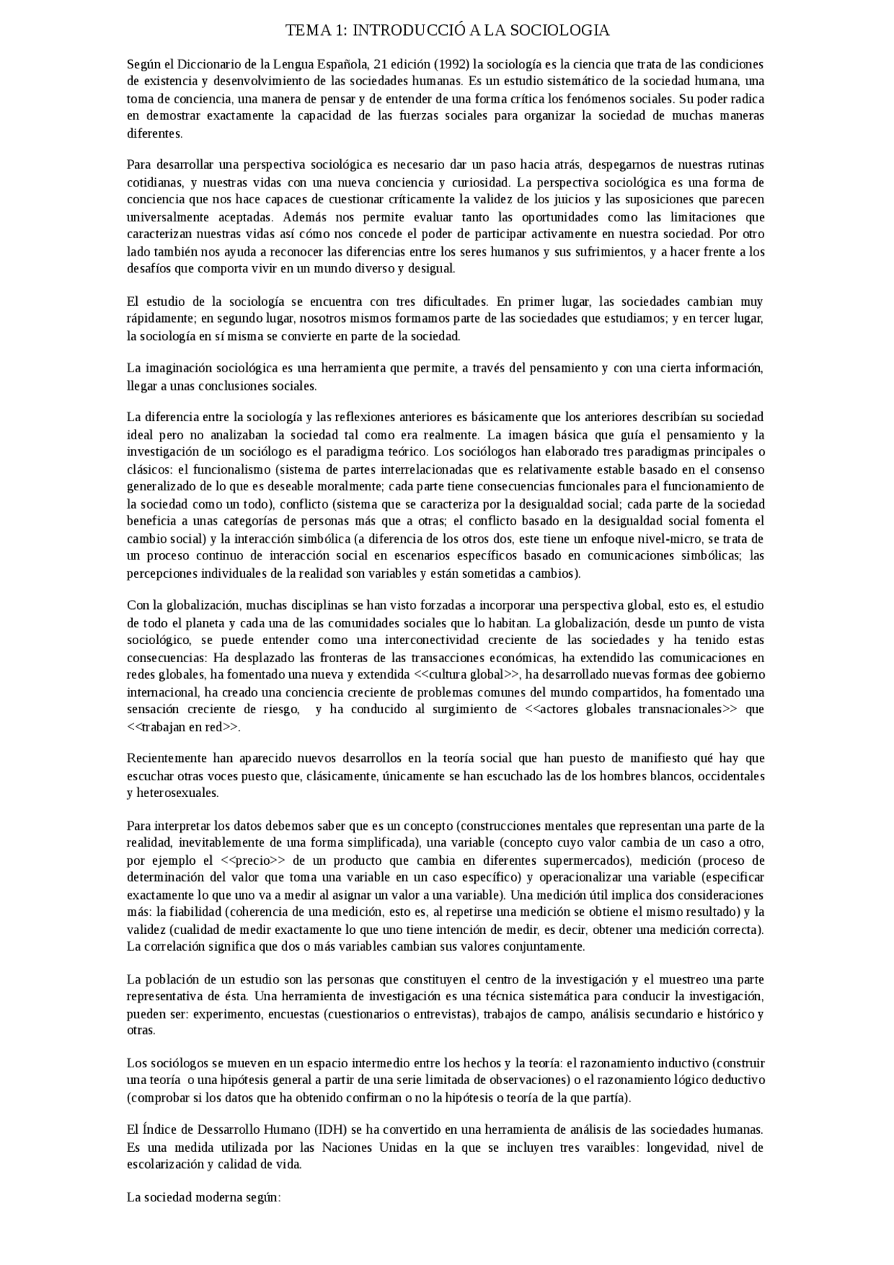 TEMA 1: INTRODUCCIÓ A LA SOCIOLOGIA - Resúmenes de Sociología - Docsity