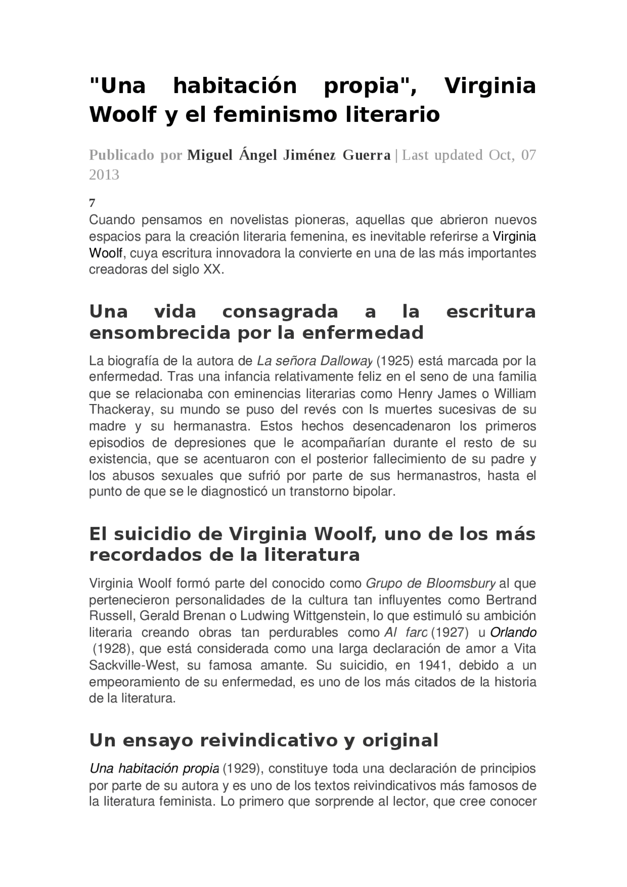 Virgina Wolf Habitacion Propia Analis Apuntes De Ciencias De La Educacion Docsity