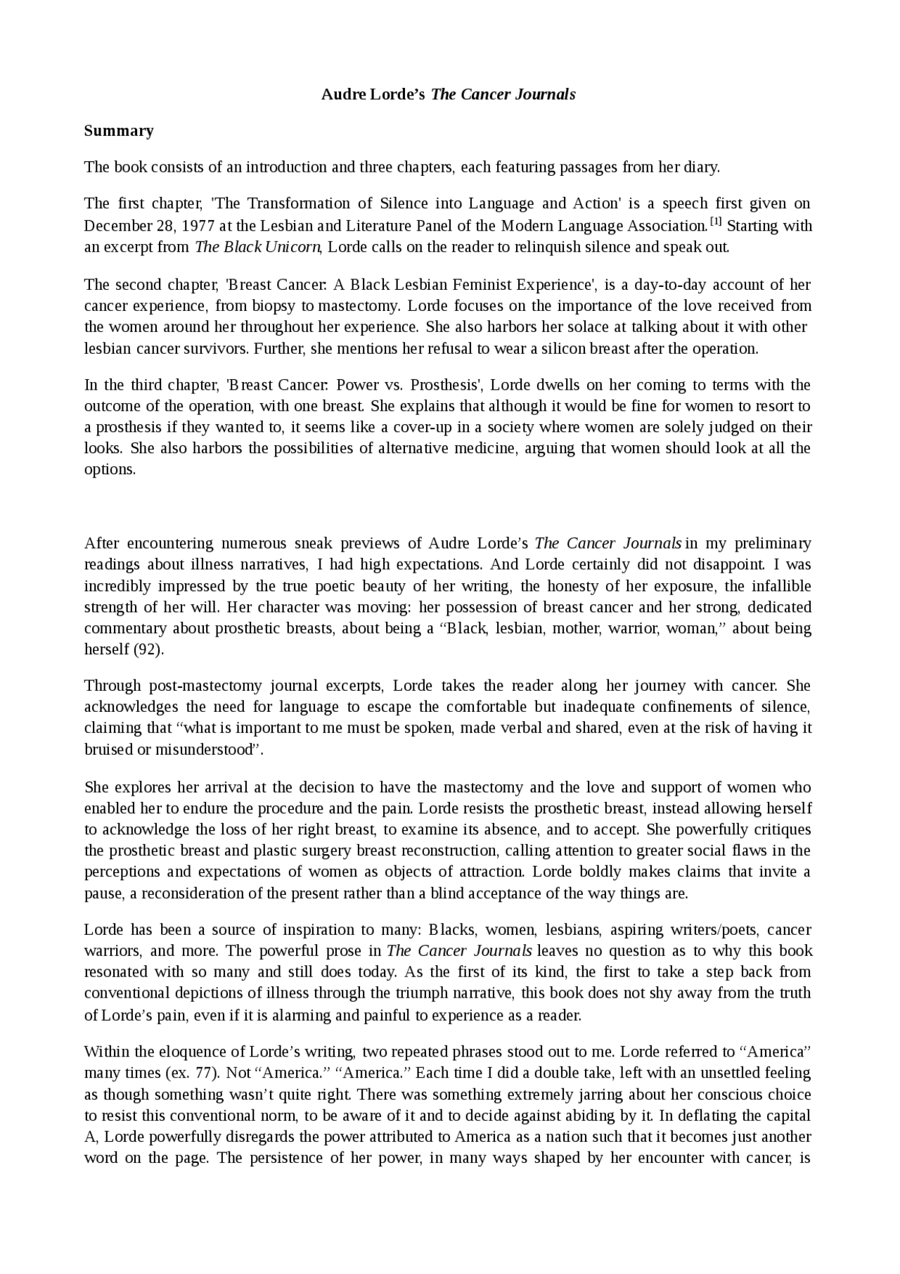 Audre Lorde the Cancer Journals Apuntes de Filología Inglesa Docsity