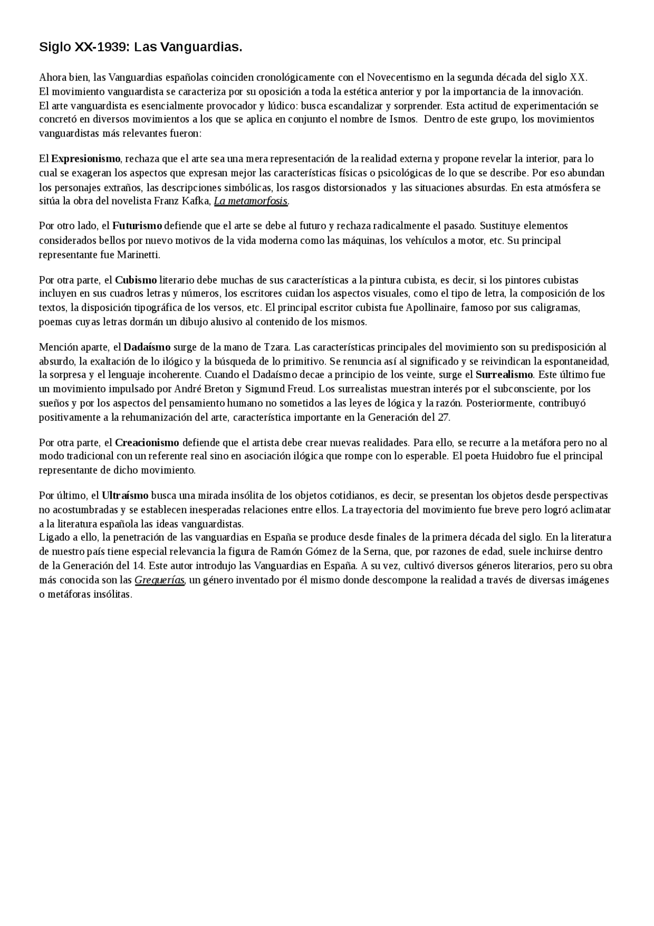 Siglo XX-1939 Las Vanguardias - Apuntes de Literatura Española - Docsity