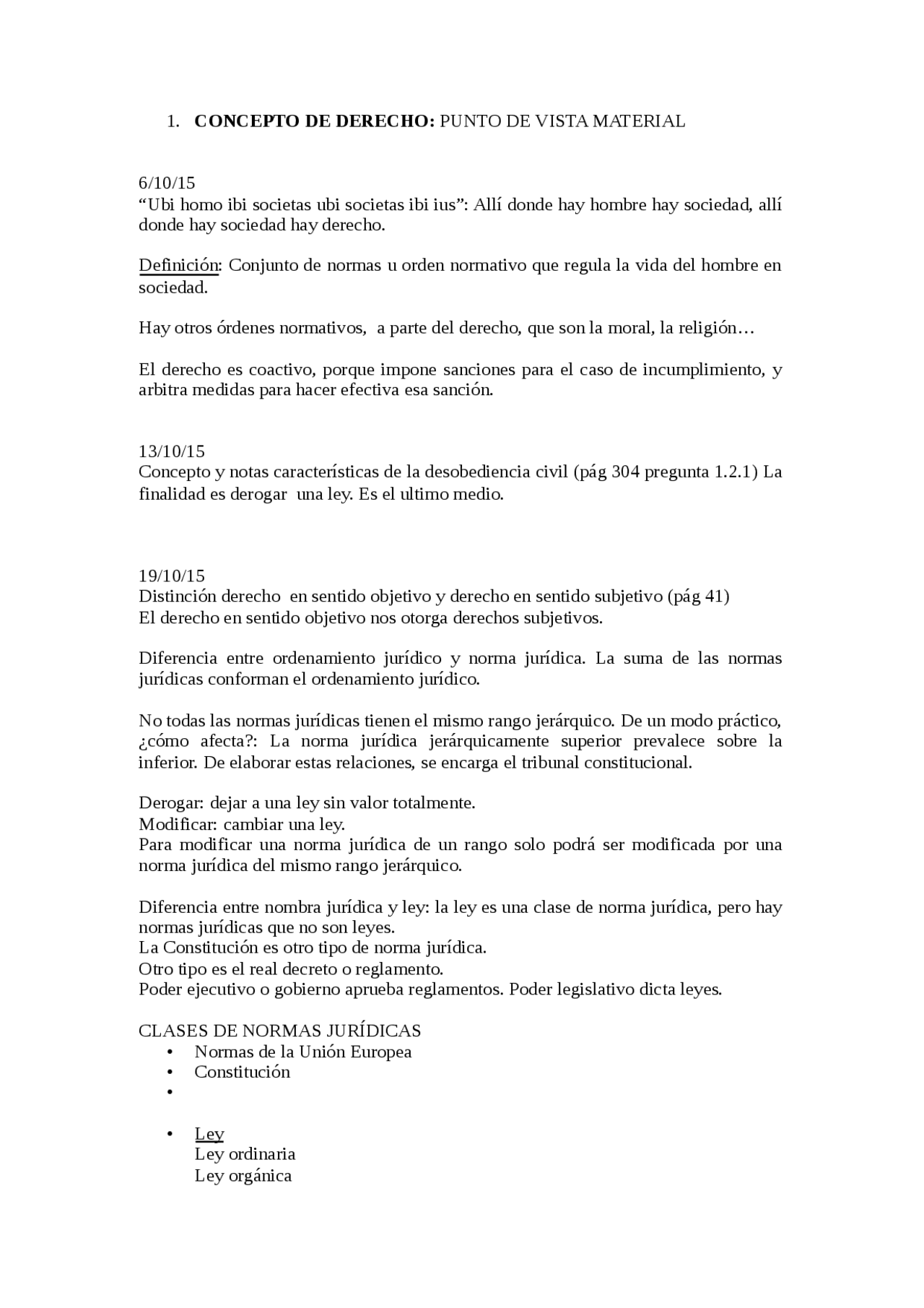 CONCEPTO DE DERECHO PUNTO DE VISTA MATERIAL - Apuntes de Derecho - Docsity