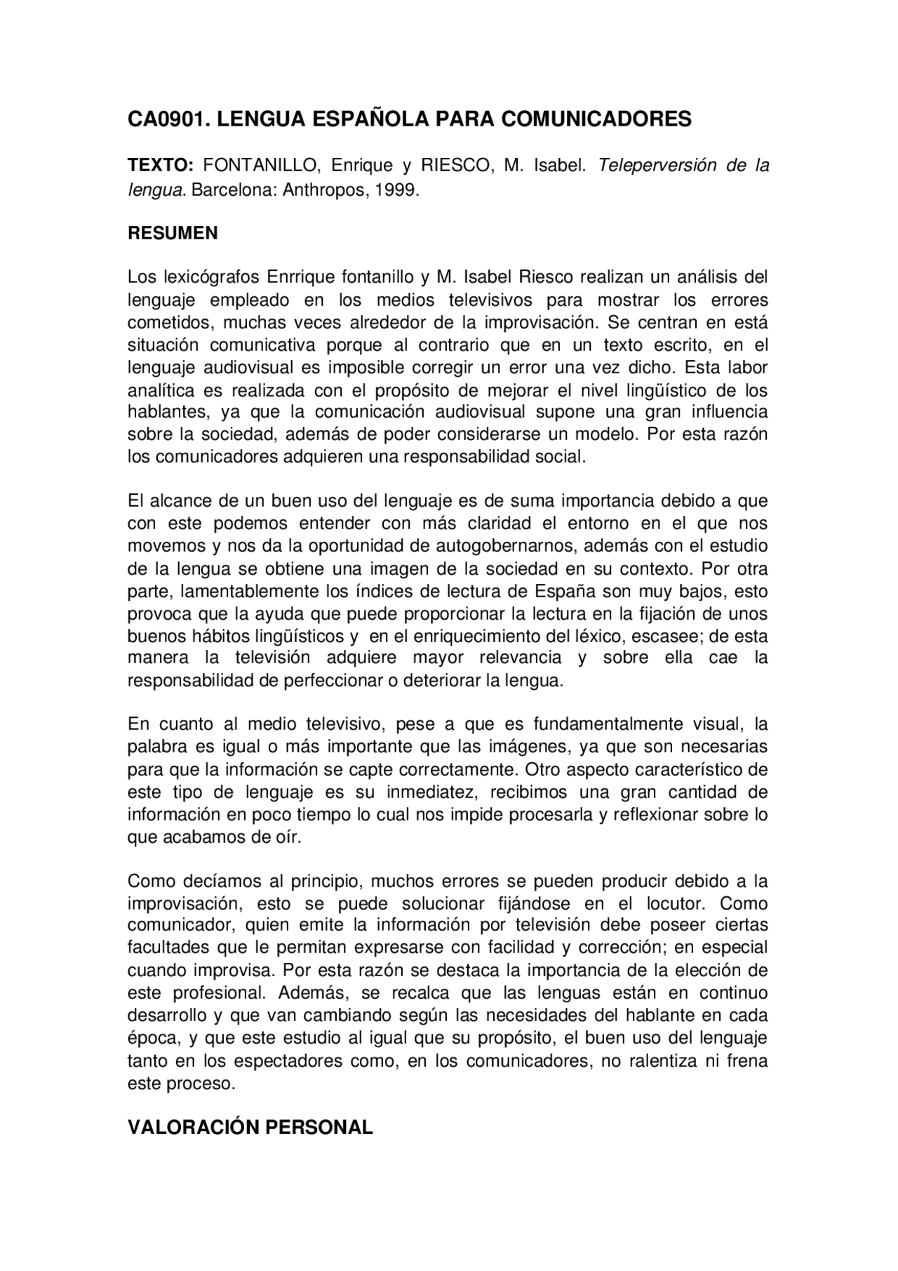 Resumen FONTANILLO, Enrique y RIESCO, M. Isabel. Teleperversión de la ...
