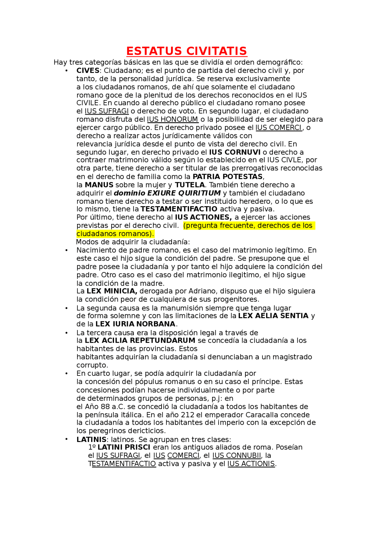 ESTATUS CIVITATIS - Apuntes de Derecho Romano - Docsity