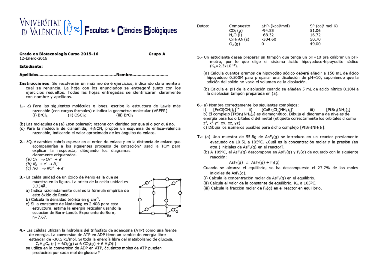 Quimica 01 2016 Examenes De Quimica Docsity