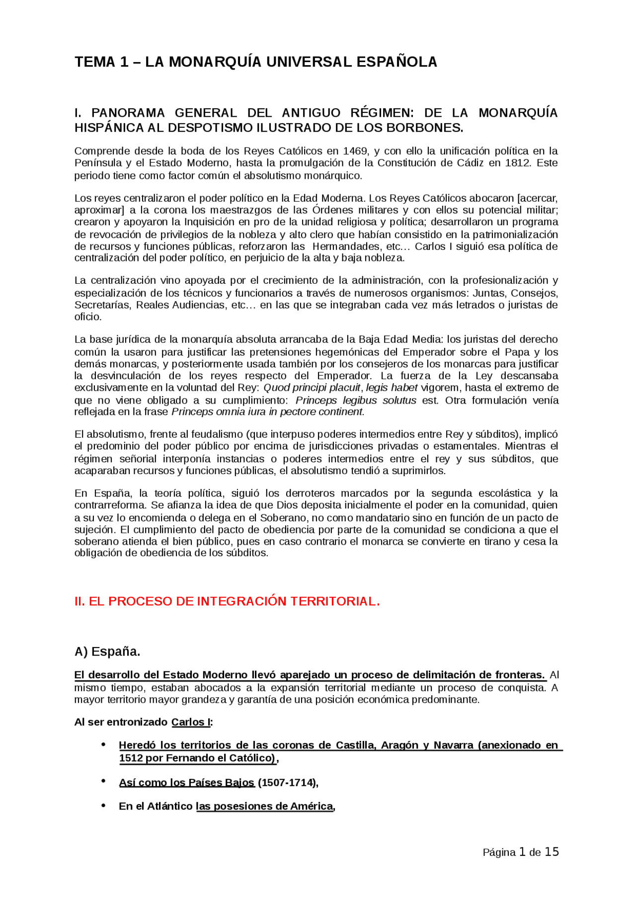 LA MONARQUÍA UNIVERSAL ESPAÑOLA I. PANORAMA GENE Apuntes de Historia