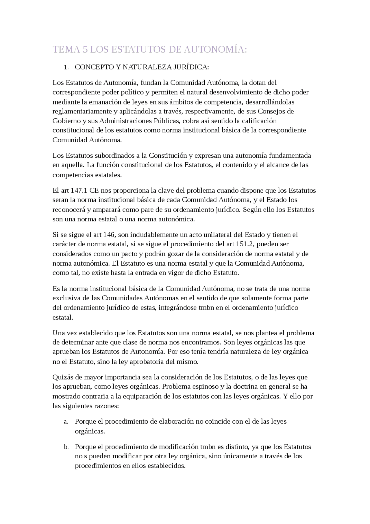 Dº Constitucional, TEMA 5. LOS ESTATUTOS DE AUTONOMÍA - Apuntes de ...