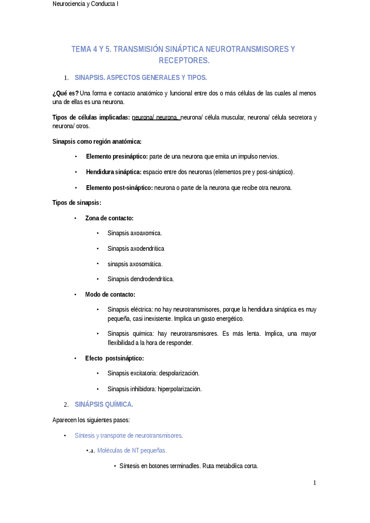 TEMA 4 Y 5. TRANSMISIÓN SINÁPTICA NEUROTRANSMISORES Y RECEPTORES SI ...