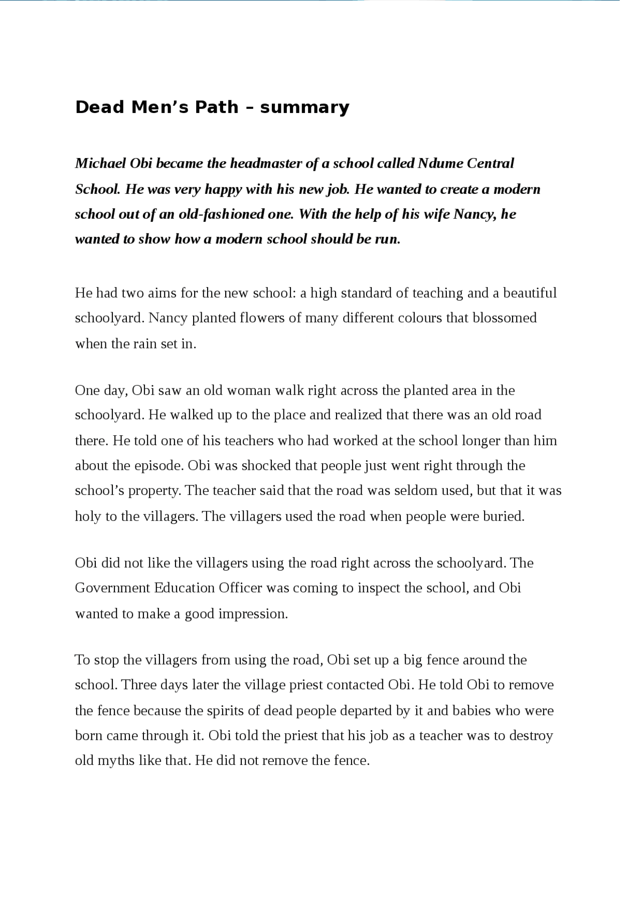 Dead Men’s Path summary Apuntes de Idioma Inglés Docsity